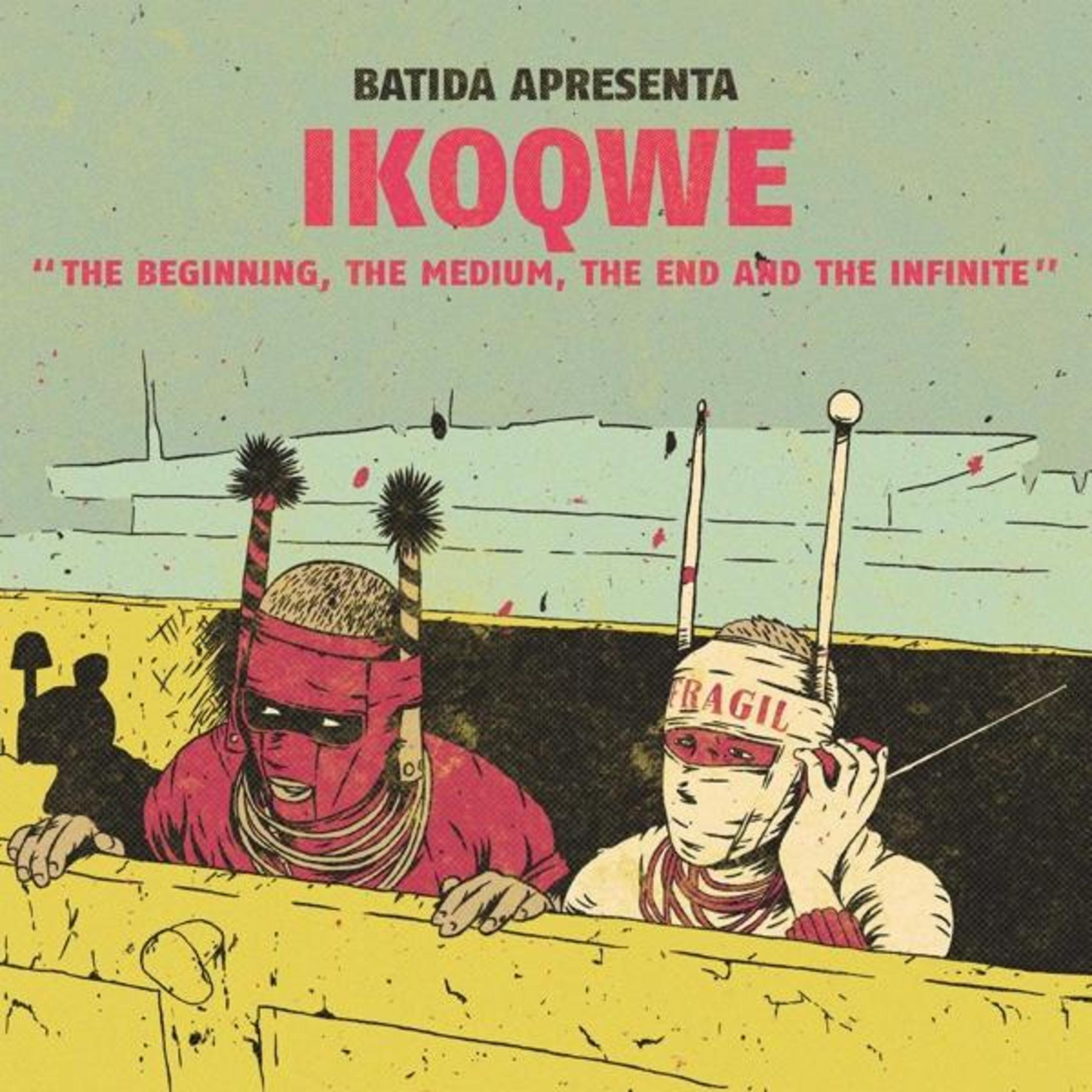 Albumhoes met twee cartoonfiguren. De tekst "BATIDA APRESENTA IKOQWE" is geschreven. Kleurrijk ontwerp.