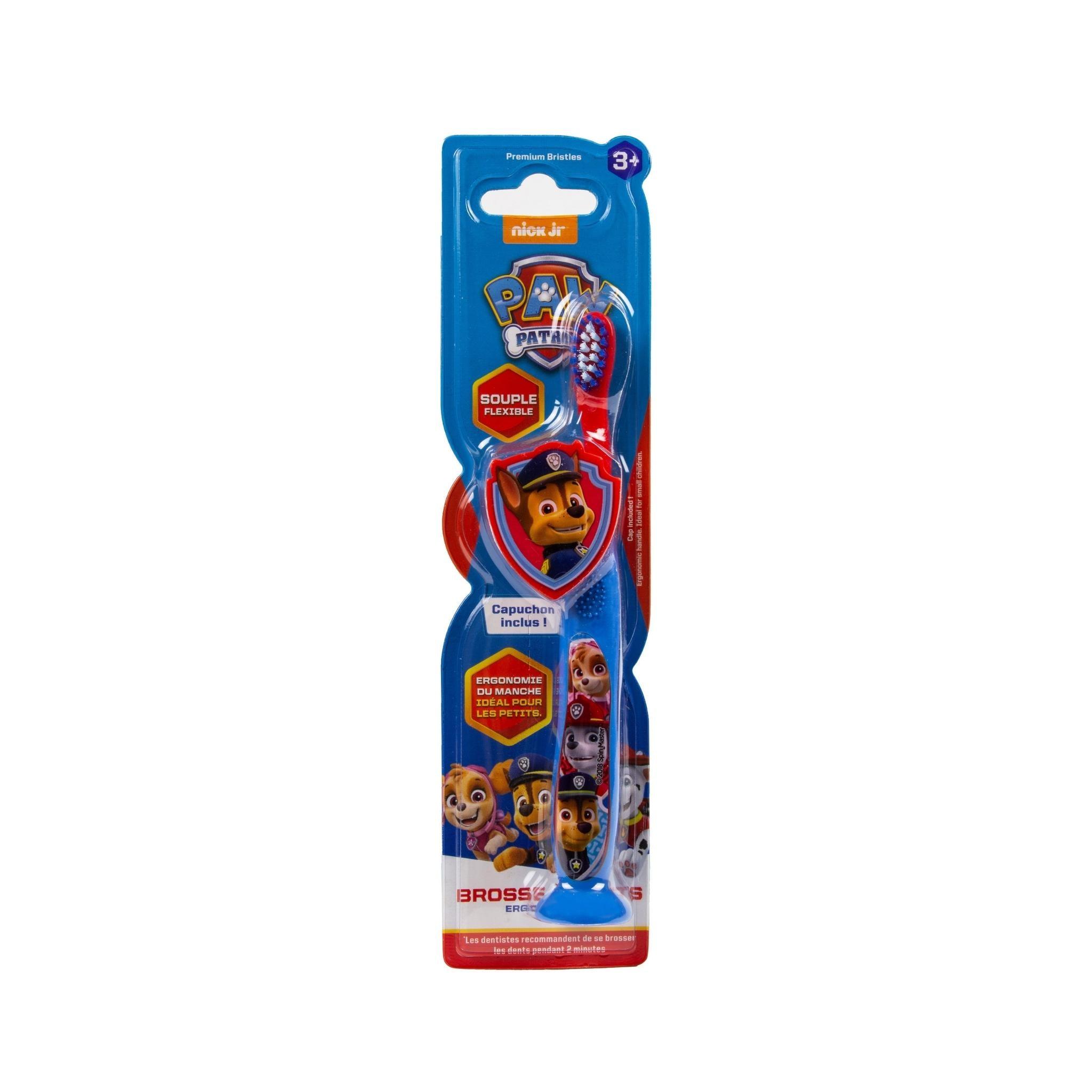Paw Patrol Zahnbürste in einer blauen Plastikverpackung mit rotem und blauem Bürstenkopf und Zeichentrickfiguren.