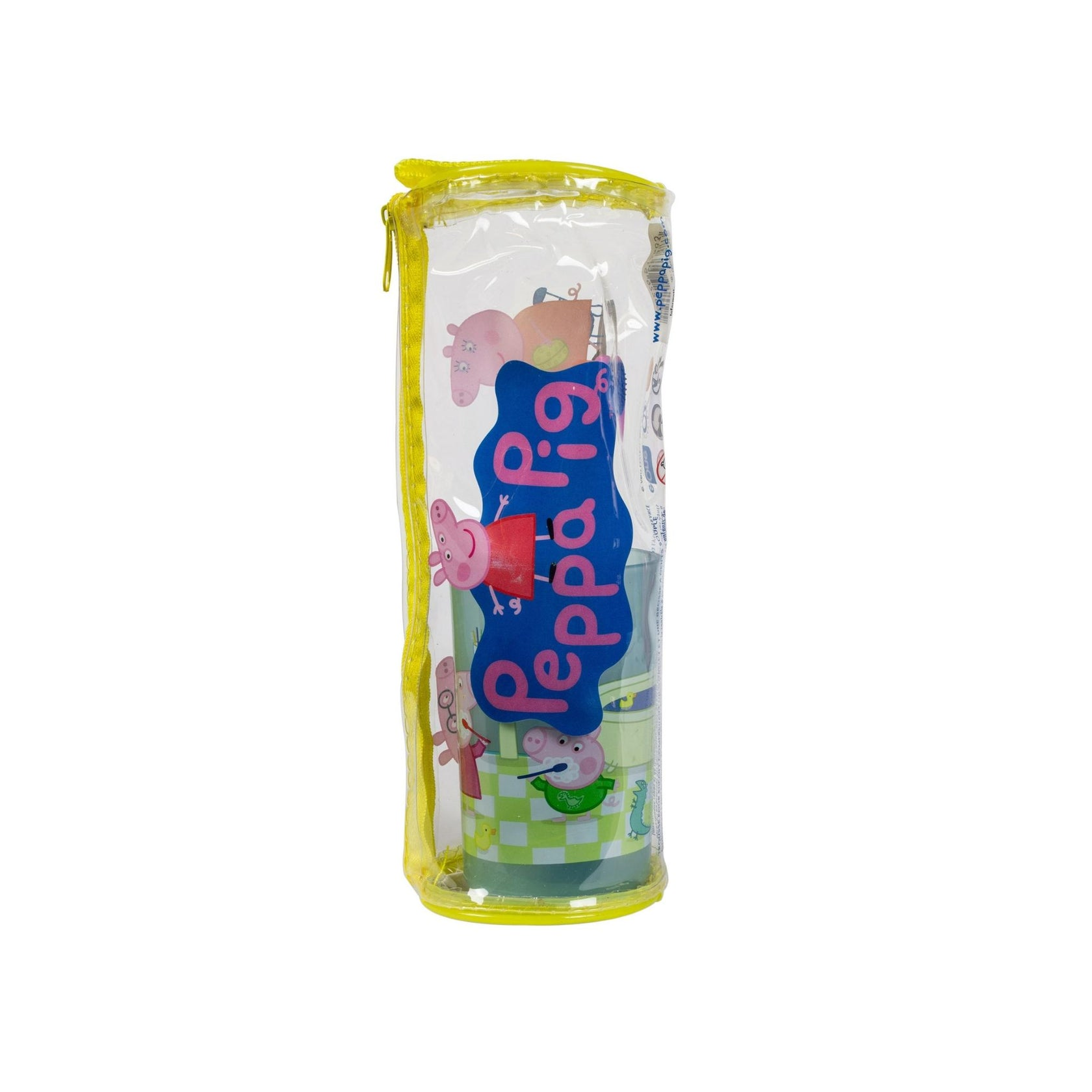 Ein transparenter Stiftbehälter mit Peppa Pig-Illustrationen und Schreibwaren im Inneren, auf weißem Hintergrund.