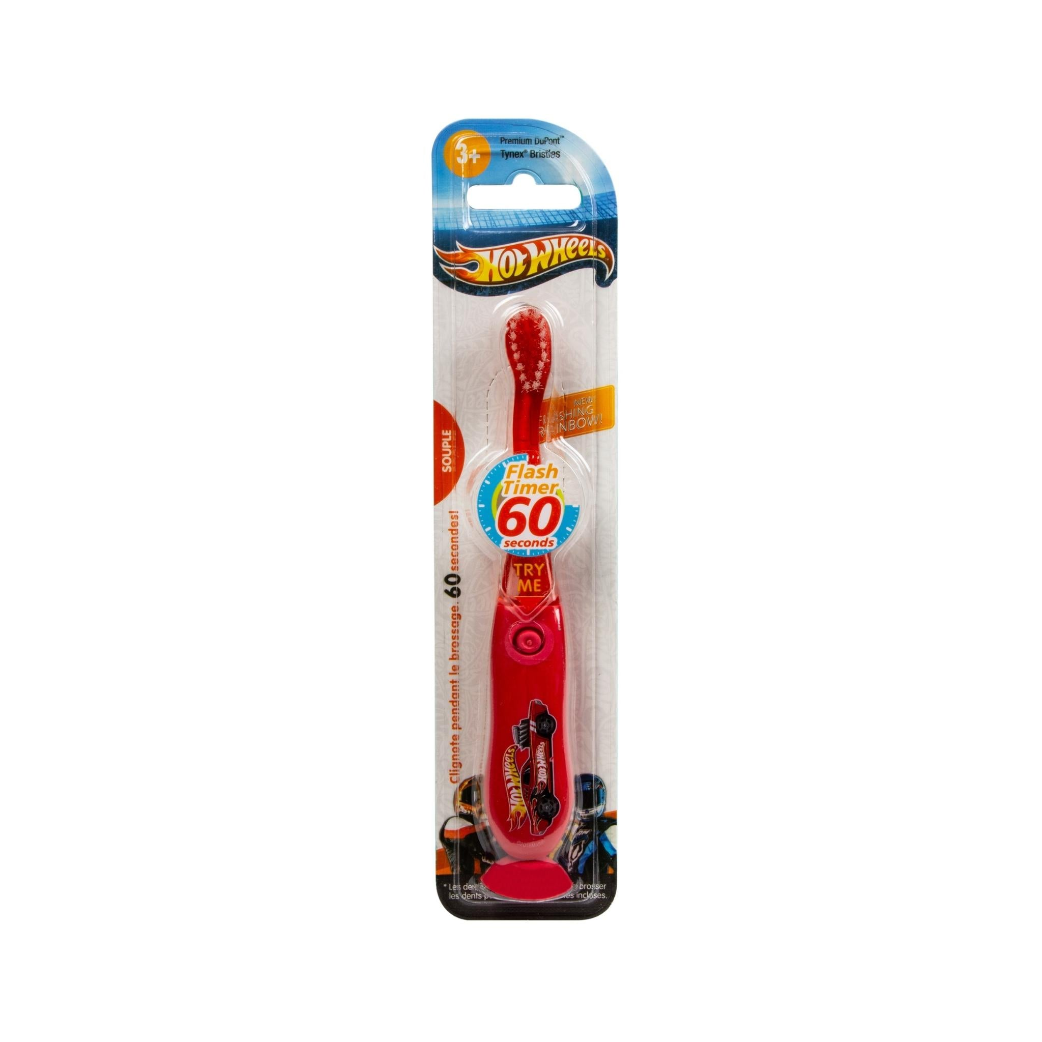 Rote Hot Wheels Kinderzahnbürste in Verpackung. Enthält einen 60-Sekunden-Blitz-Timer.