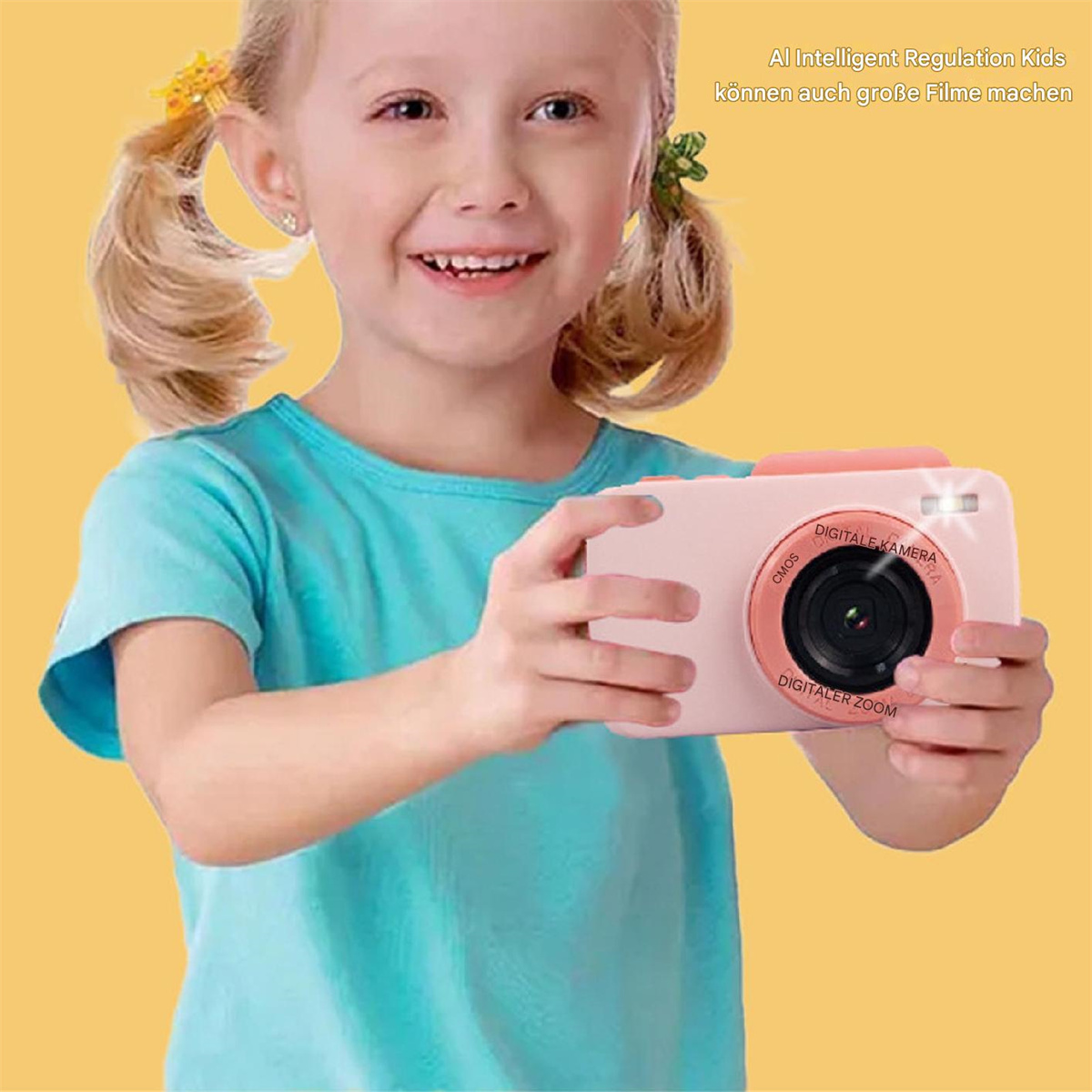 Ein lächelndes Mädchen hält eine rosa Digitalkamera. Gelber Hintergrund. Text: KI Intelligent Regulation Kids können auch große Filme machen.