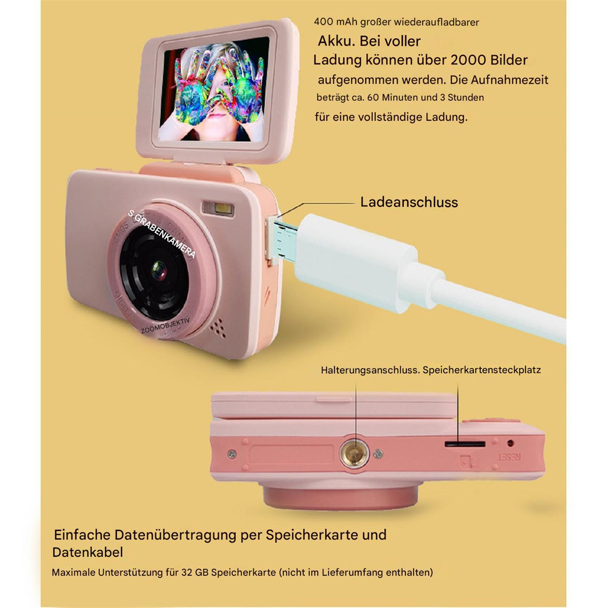 Rosa Digitalkamera mit Bildschirm, der bemalte Kinderhände zeigt. Ein Ladekabel ist angeschlossen.