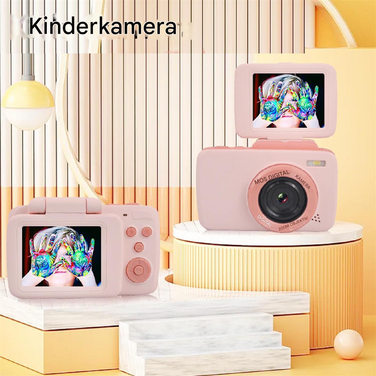 Zwei rosa Digitalkameras mit Bildschirmen, die farbige Handabdrücke zeigen, auf hellem Hintergrund.
