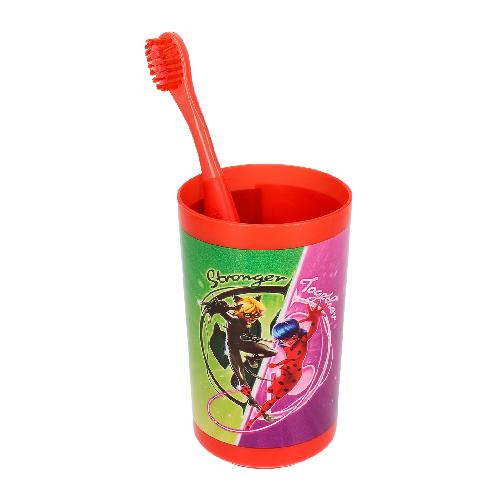 Zahnbürsten- und Becherset mit den Miraculous Ladybug- und Cat Noir-Charakteren.