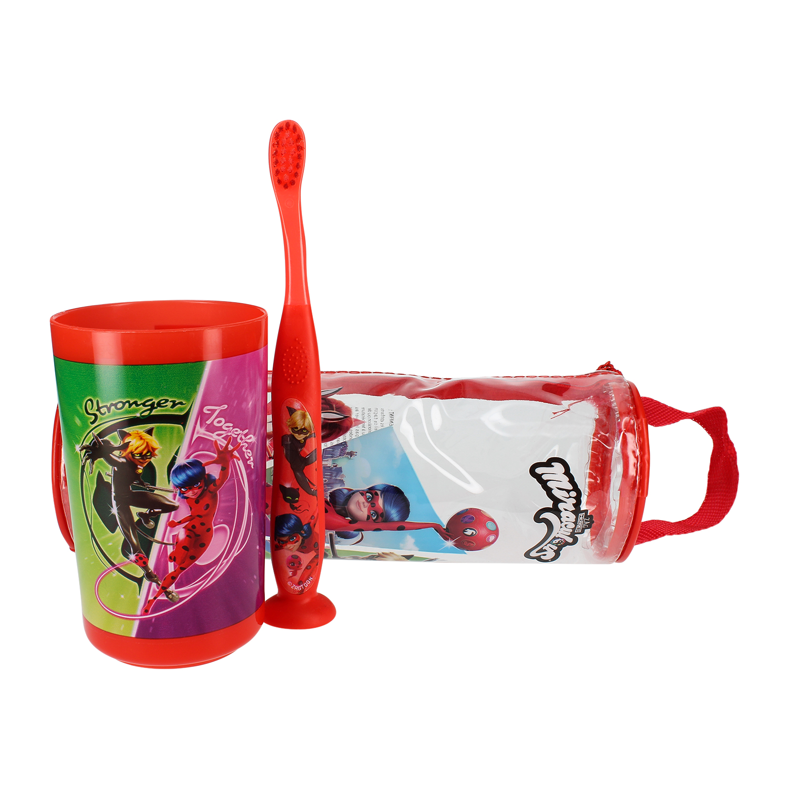 Rote Zahnbürste, Becher und Tasche. Thematisch auf Miraculous Ladybug.