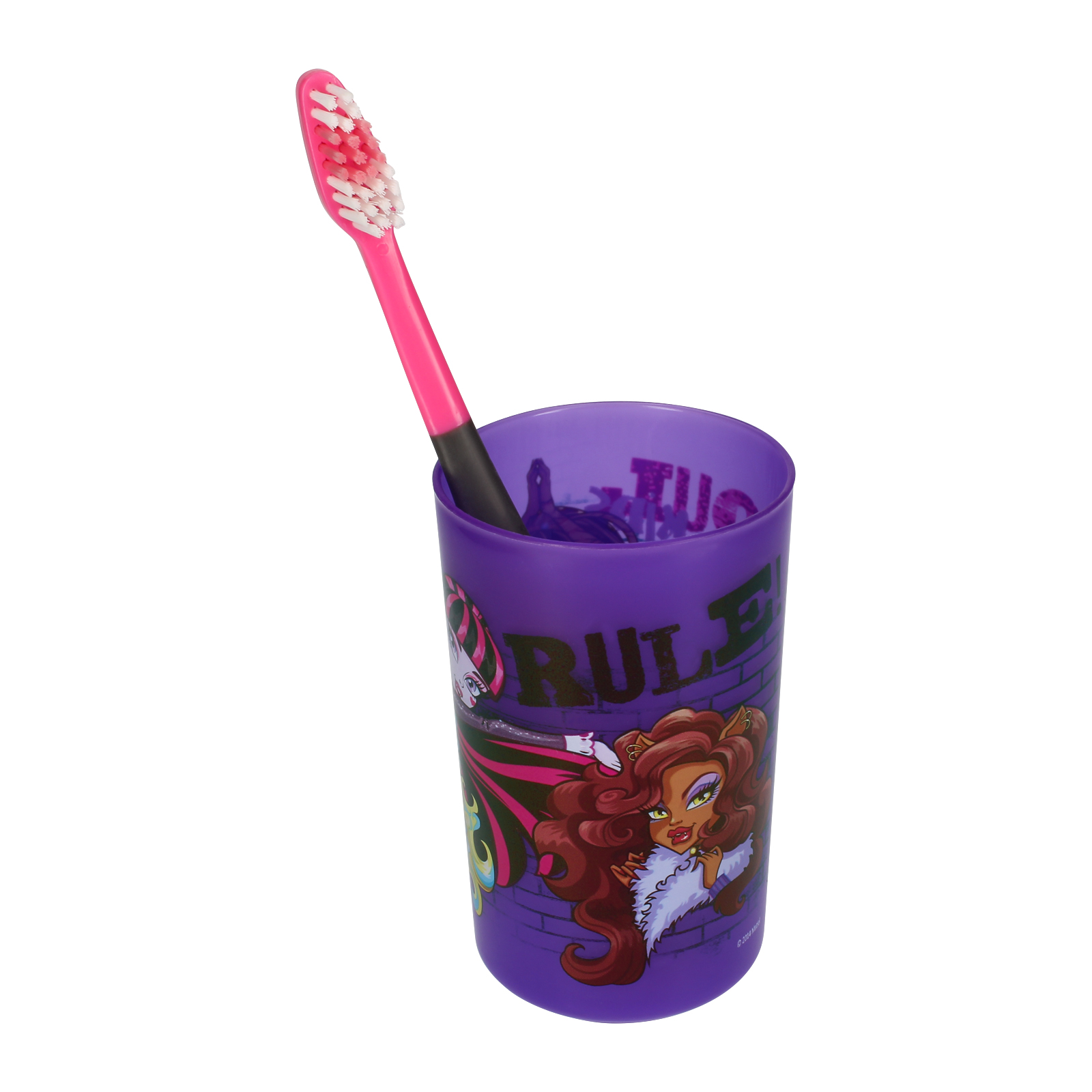 Lila Monster High Zahnbürstenbecher mit einer rosa-schwarzen Zahnbürste darin.