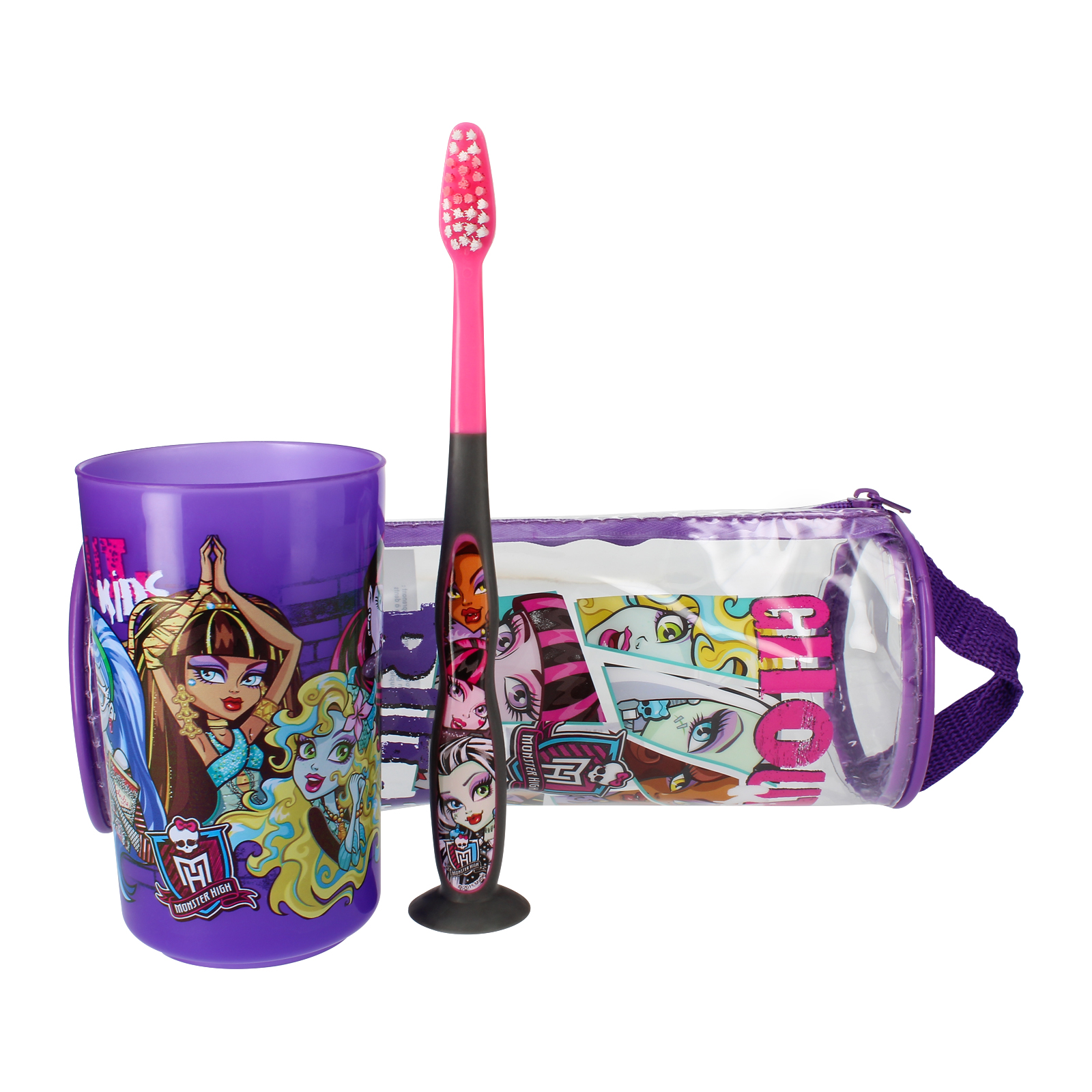 Monster High Kinderzahnbürsten-Set mit Becher, Zahnbürste und Reisetasche.