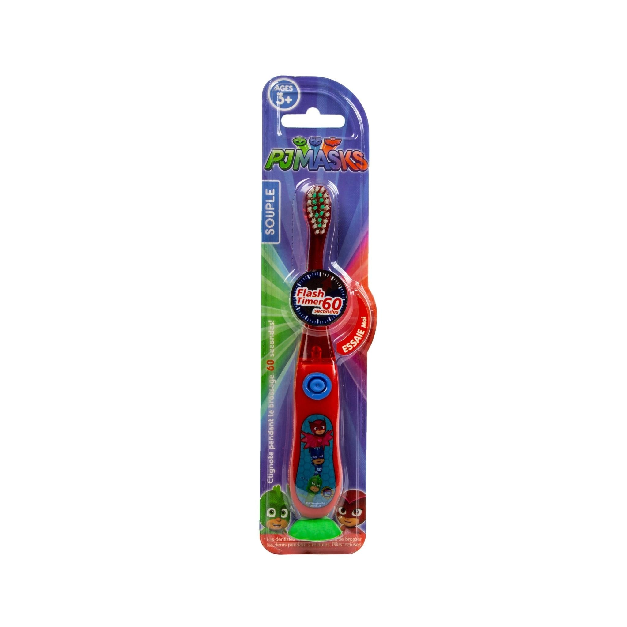 Eine rote und blaue PJ Masks Zahnbürste mit Timer und Charakterbild auf weißem Hintergrund.