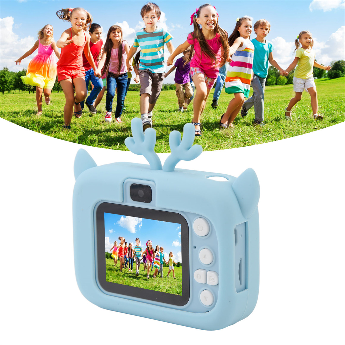 Eine blaue Kinderkamera mit Bildschirm, umgeben von rennenden Kindern auf grünem Gras.