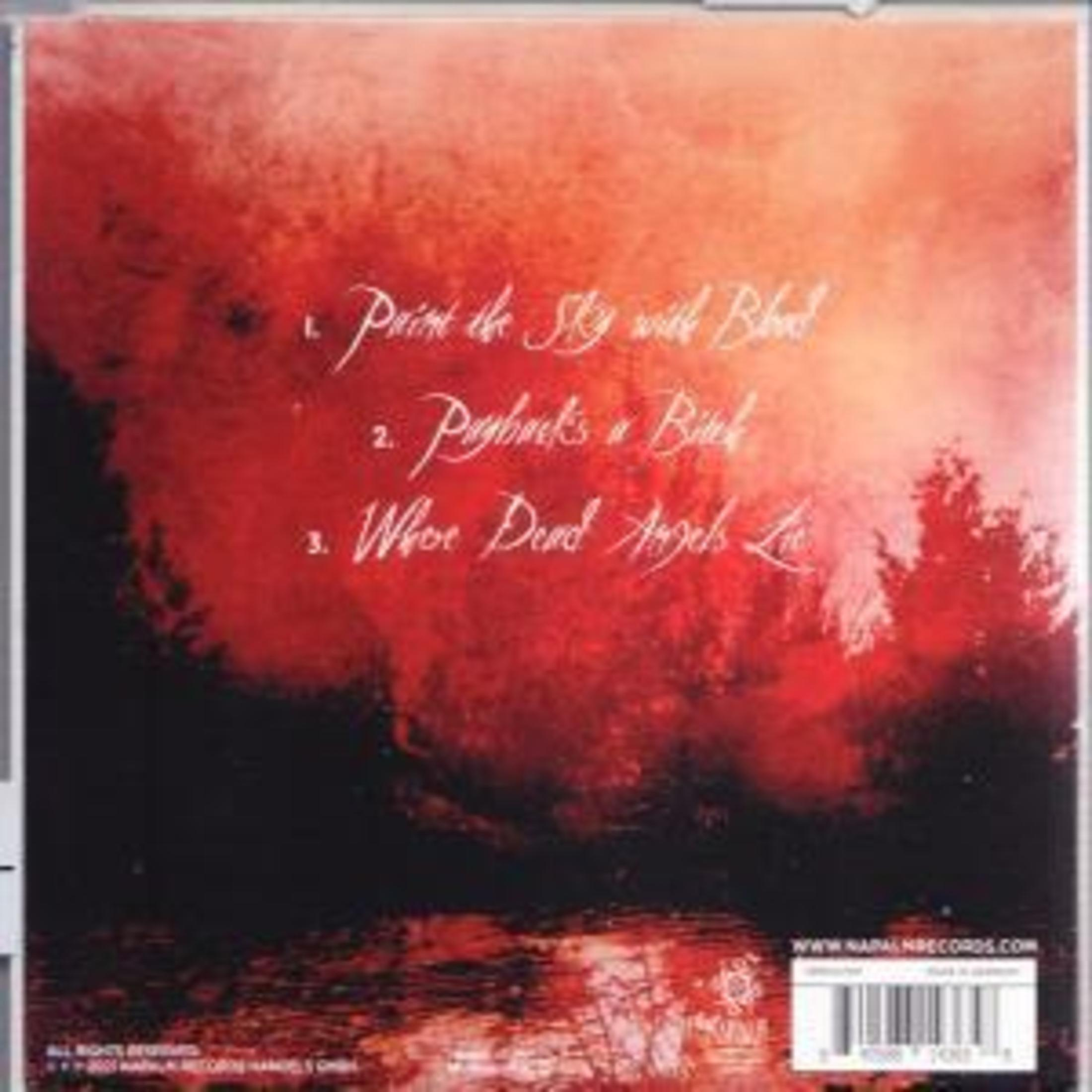 Pochette arrière de l'album avec titres de chansons et fond rouge abstrait.