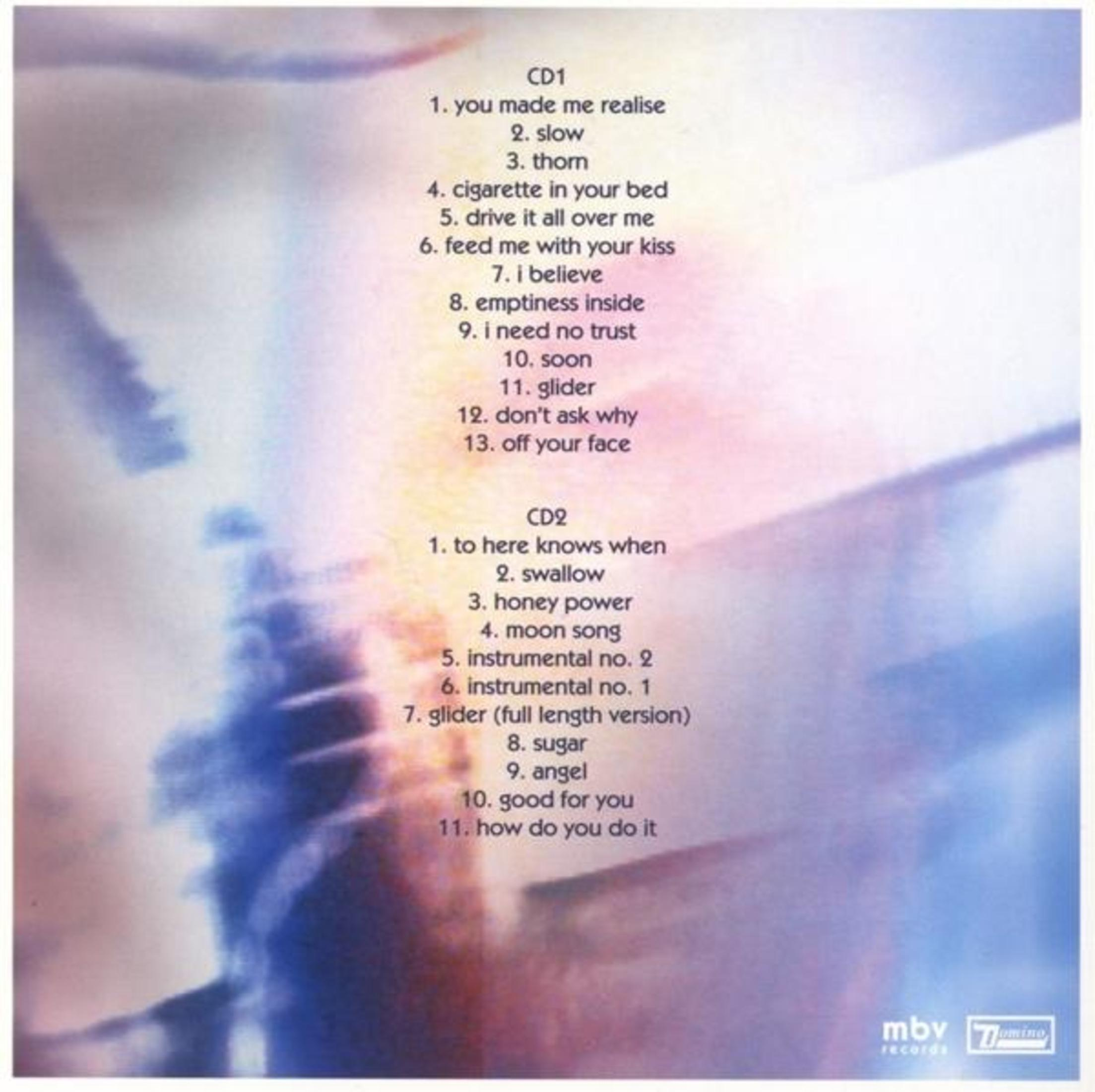 Il retro di un album con un elenco di tracce e testo su uno sfondo blu e viola.