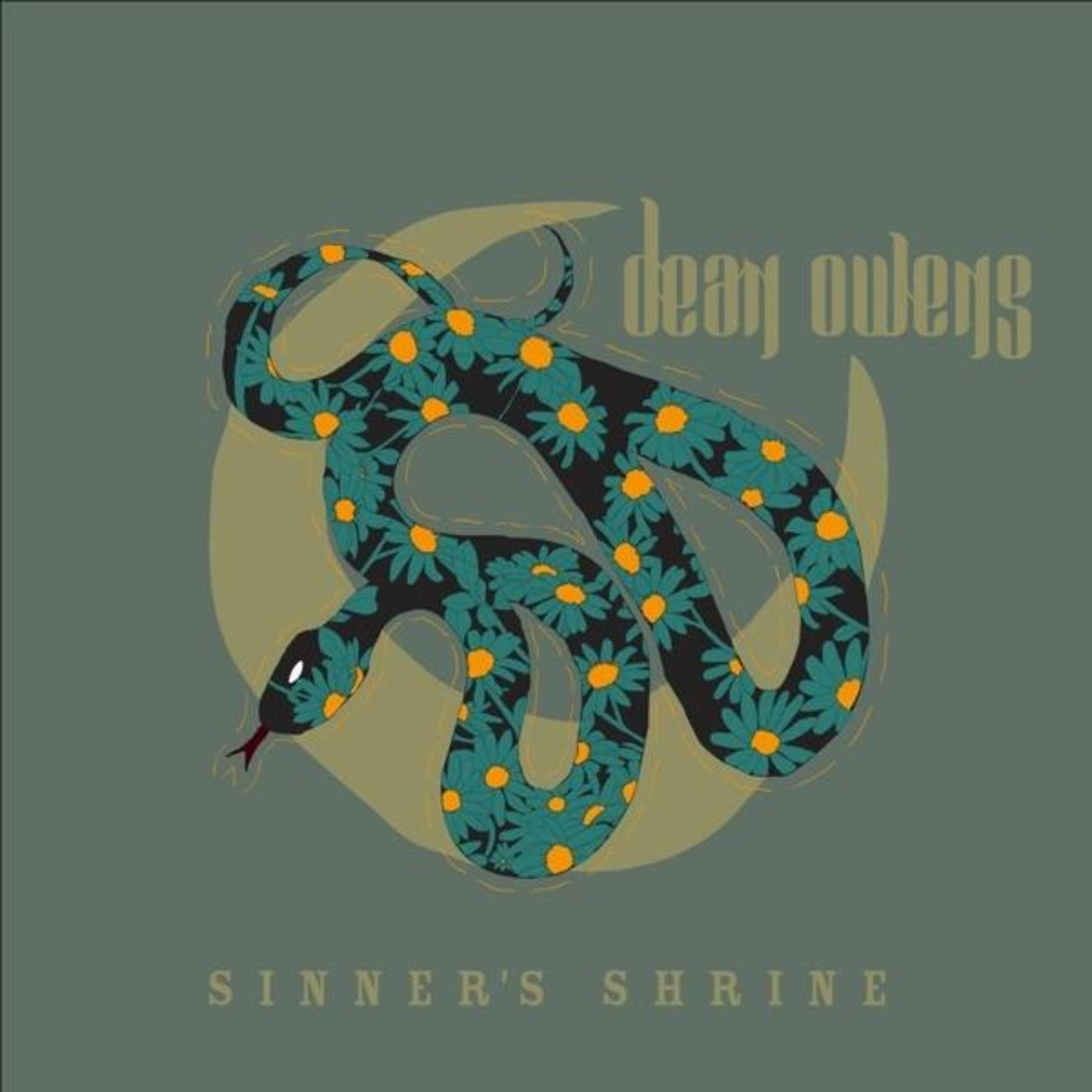 Albumhoes met een groen slangenpatroon. De albumtitel is Sinner's Shrine van Dean Owens. De achtergrond is blauwgroen.