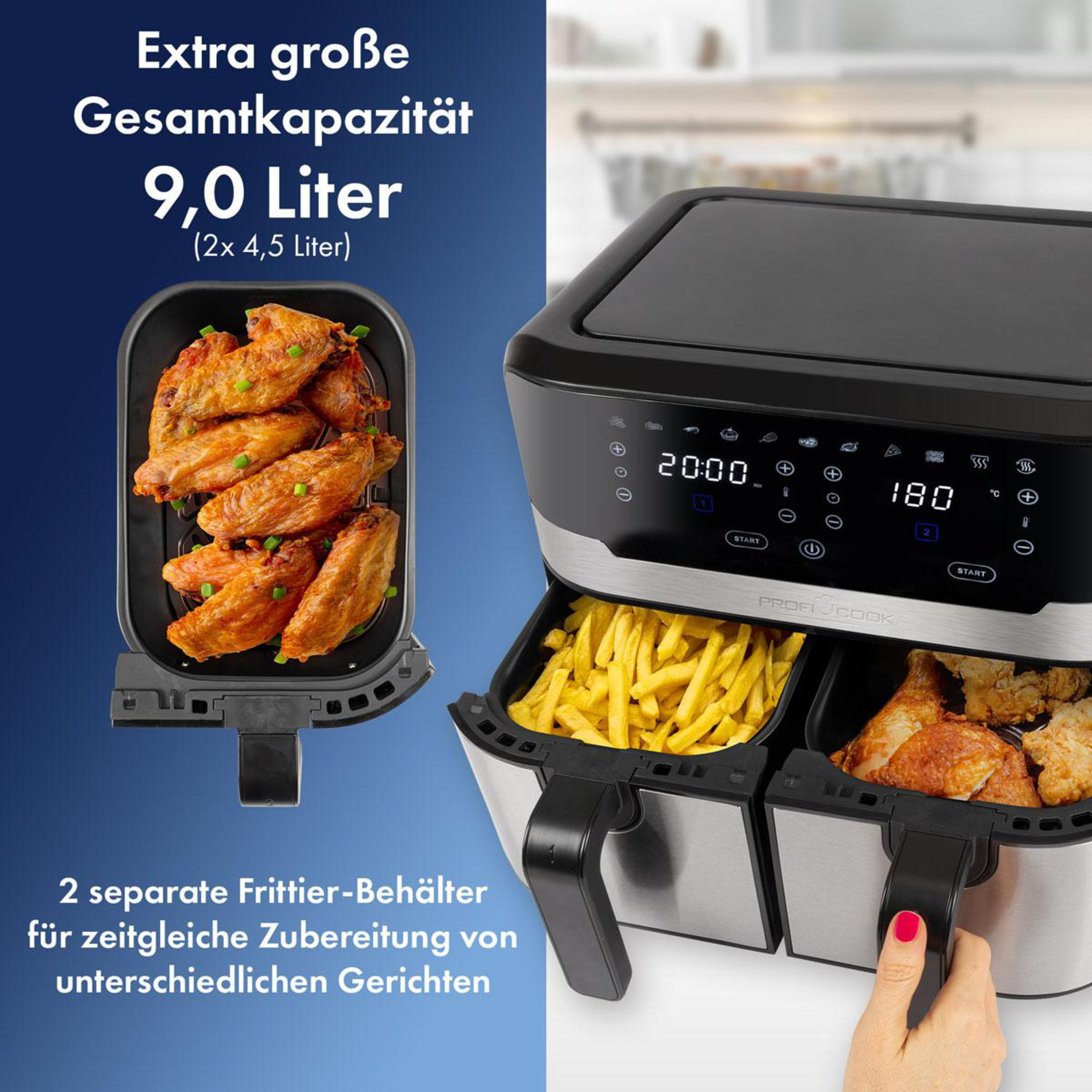 Heißluftfritteuse mit zwei Fächern, eines mit Chicken Wings und das andere mit Pommes.
