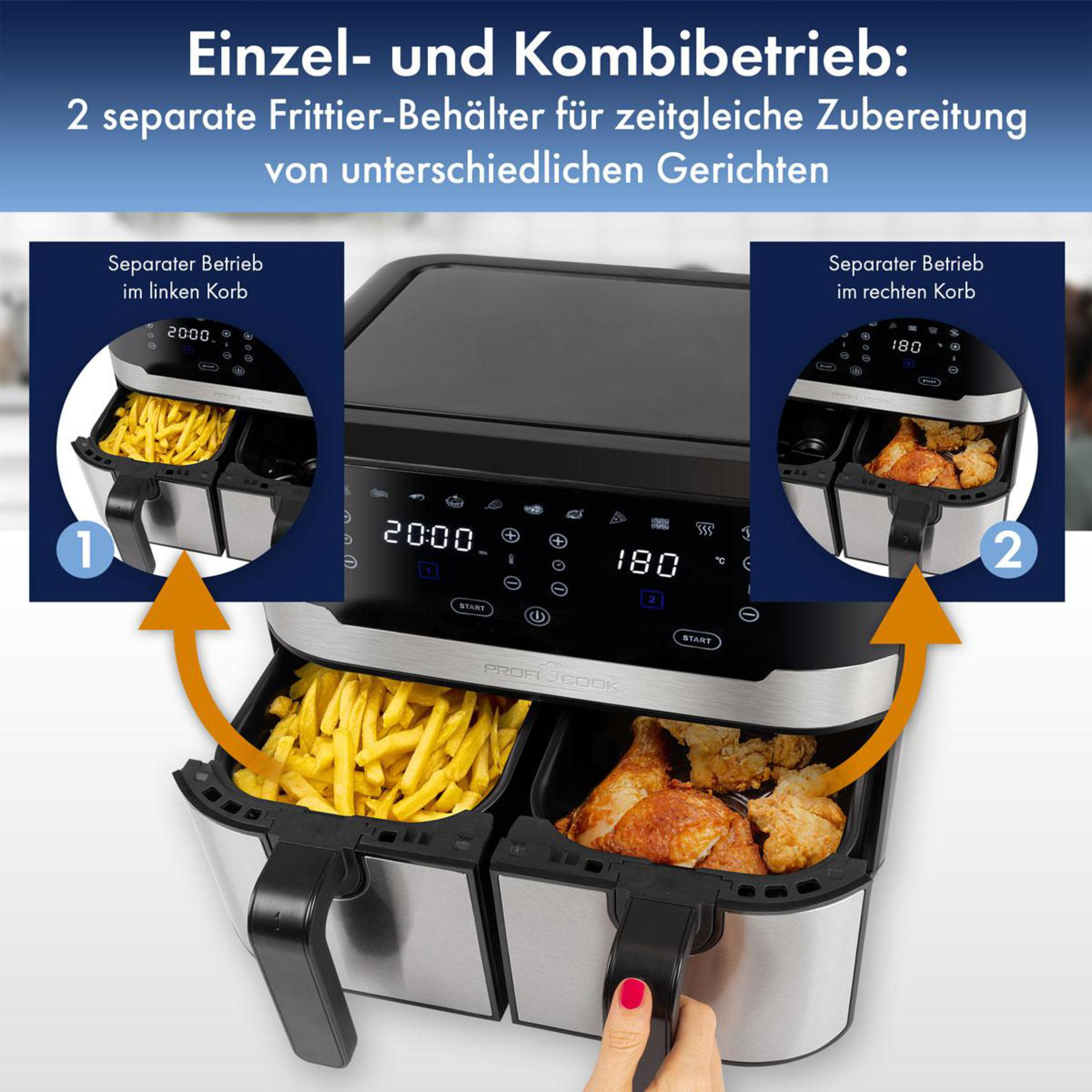 Heißluftfritteuse mit zwei Fächern. Eine Seite hat Pommes, die andere Hühnchen. Pfeile zeigen auf das Essen. Bedienelemente sind in der Mitte.