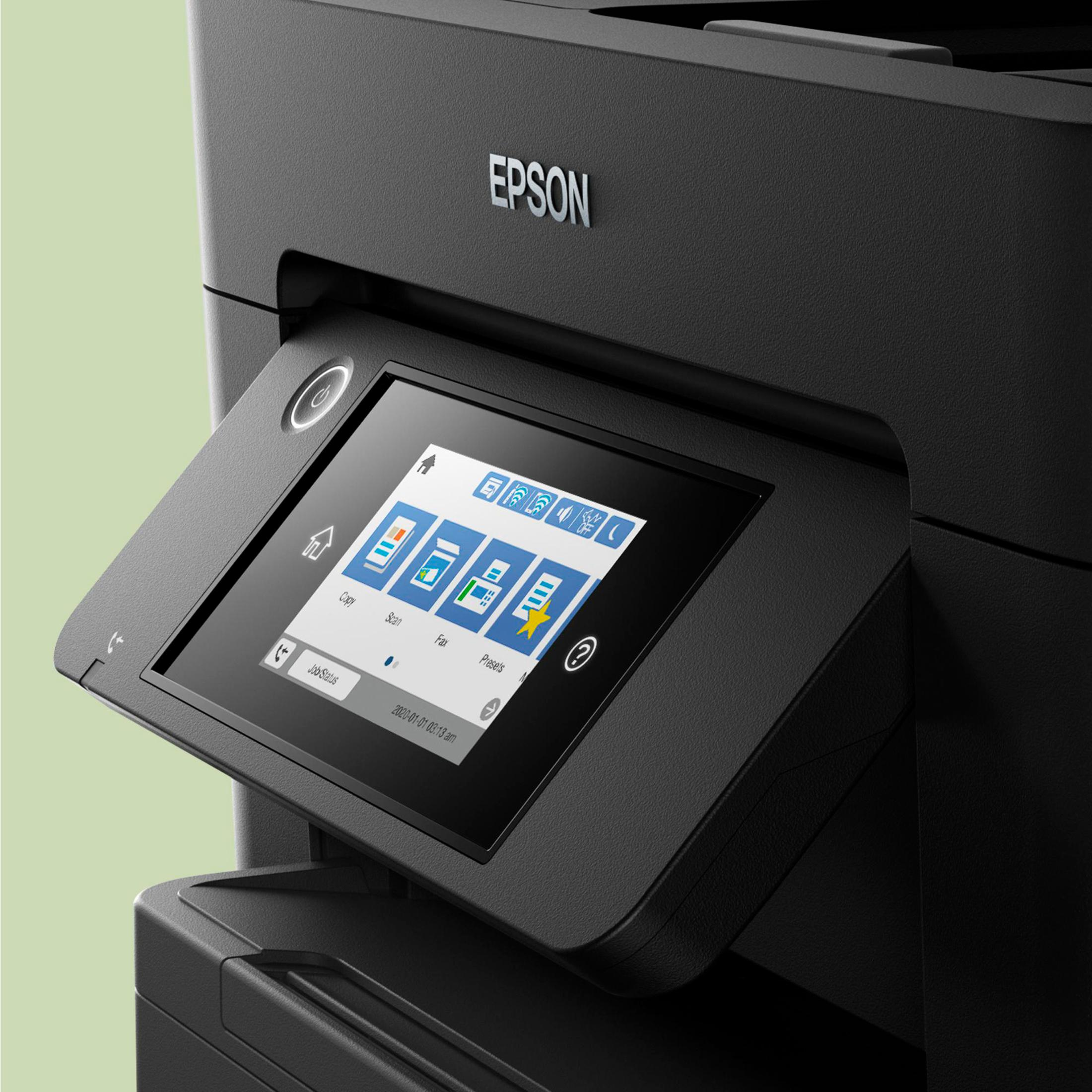 Zbliżenie panelu sterowania drukarki Epson, pokazujące ekran i przyciski.