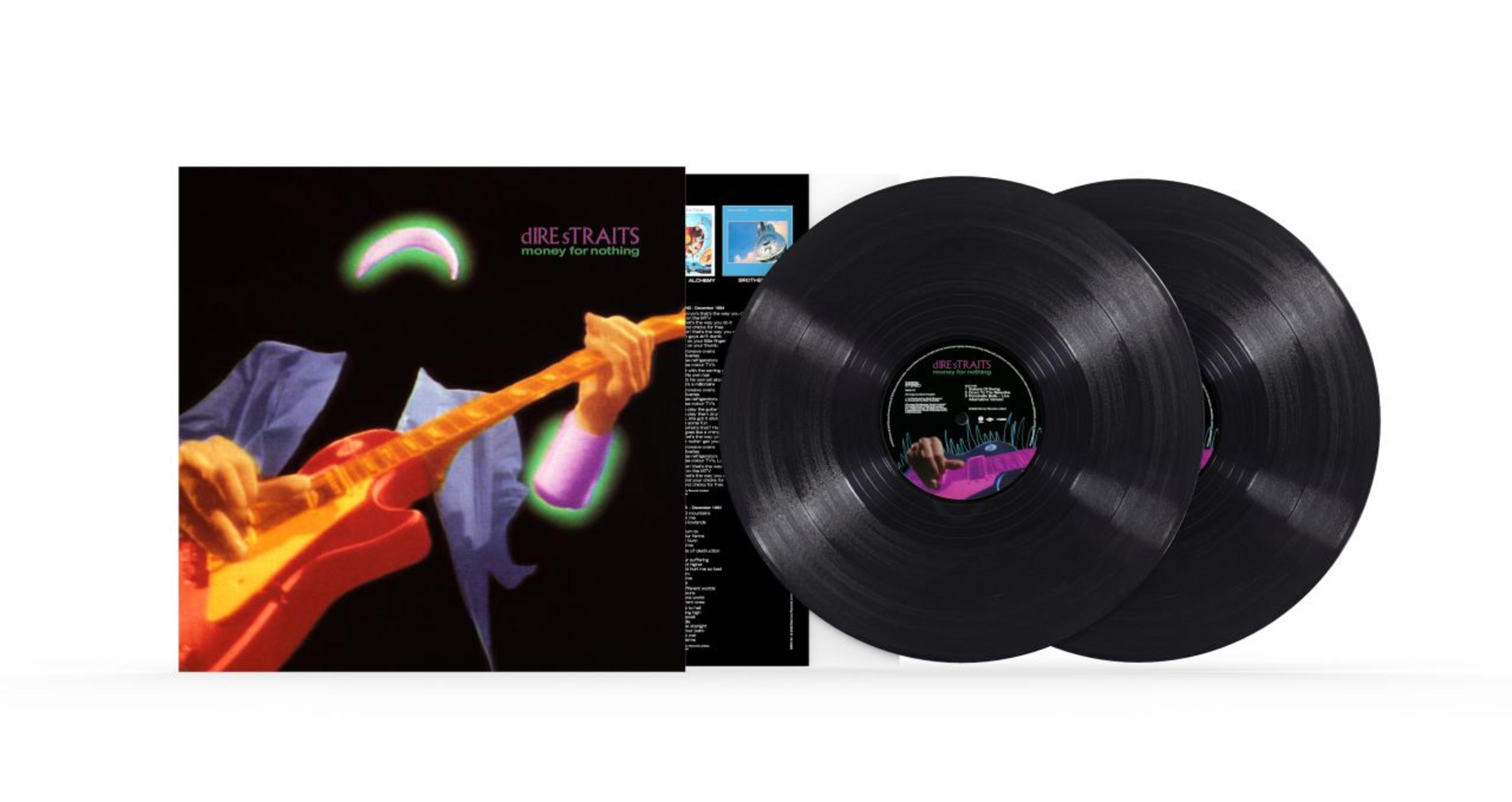 Copertina dell'album che mostra due dischi in vinile e la copertina dell'album. Il titolo è Money for Nothing dei Dire Straits.