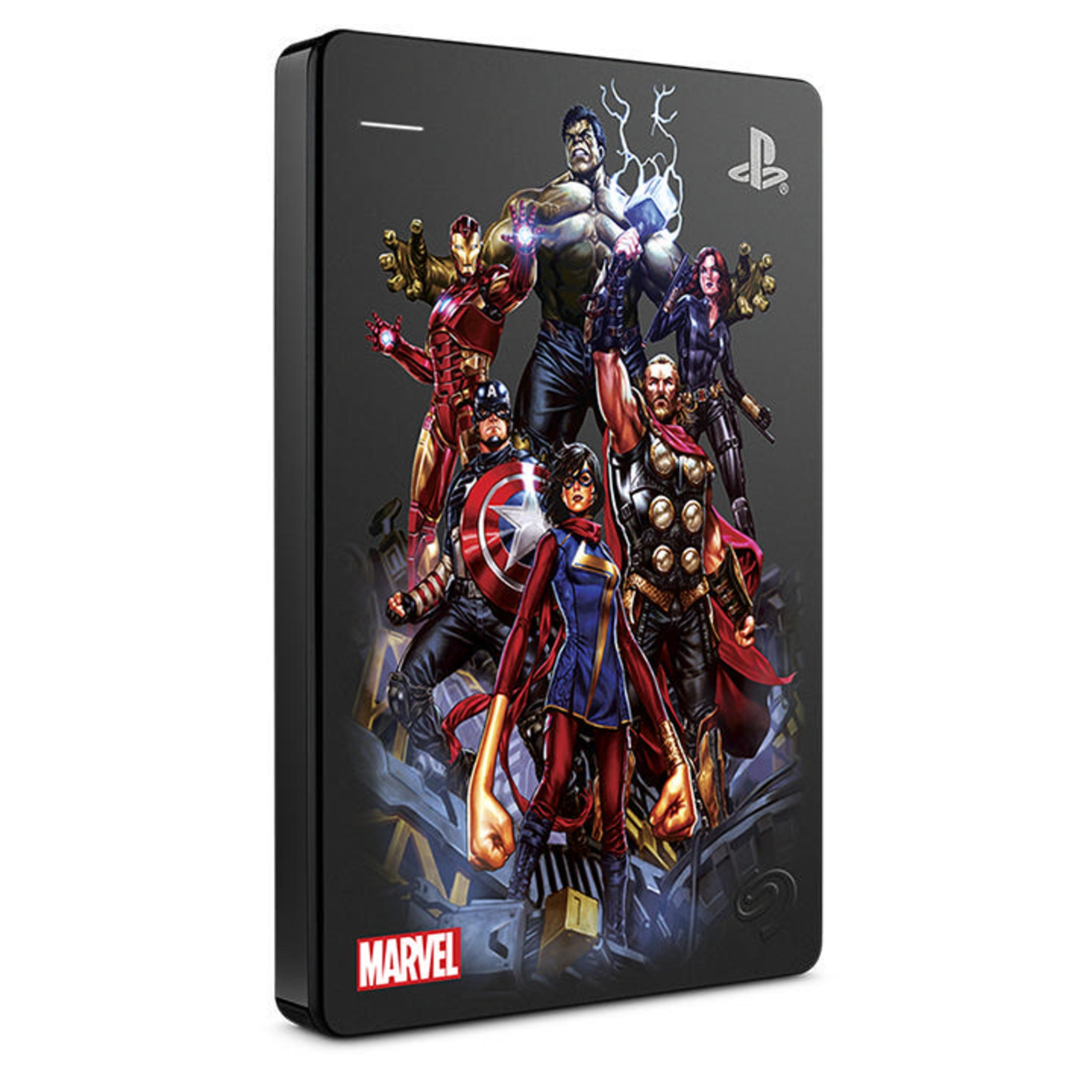 Disco rigido esterno Marvel nero. Presenta i personaggi degli Avengers sul fronte.