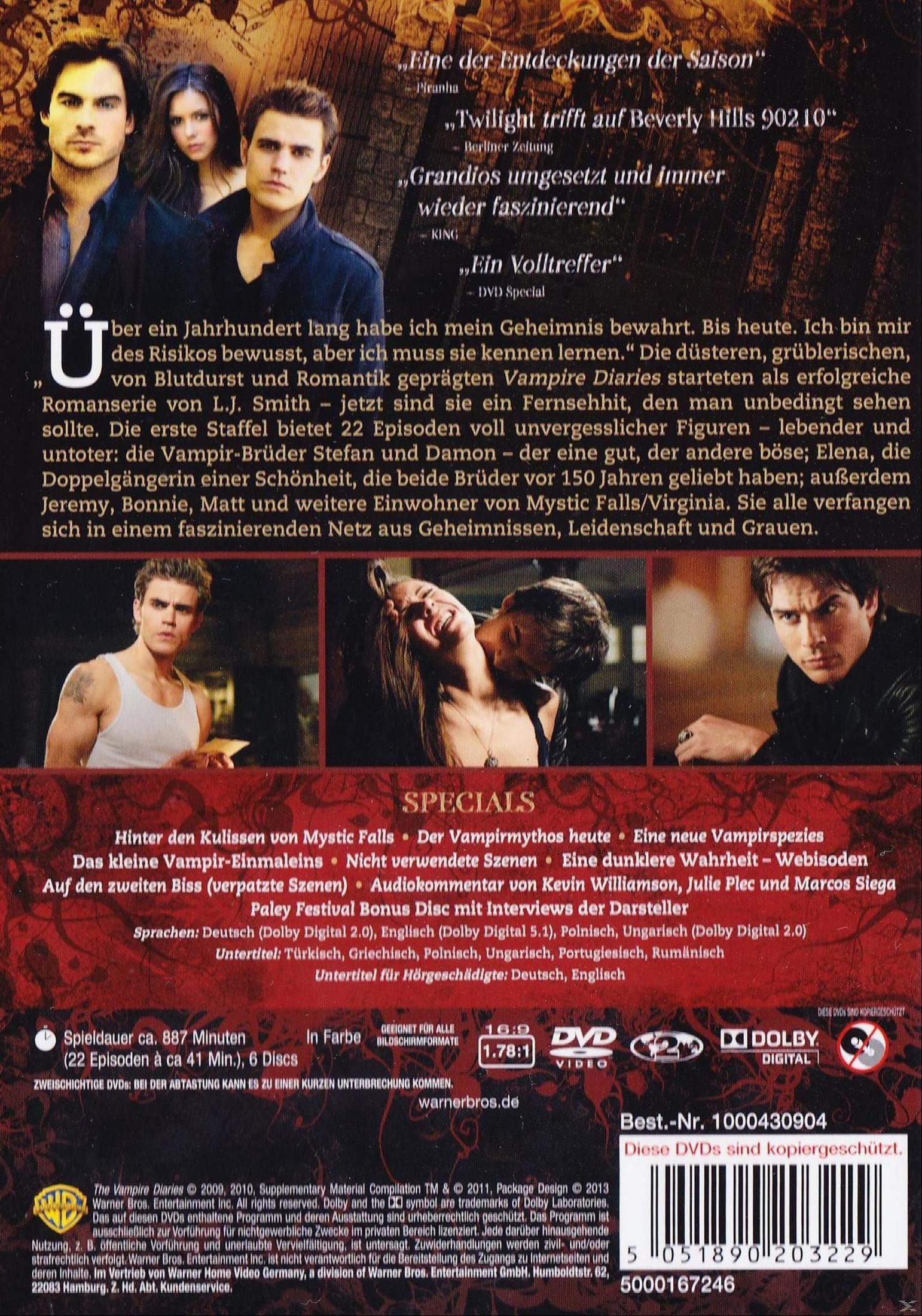 Rückseite der DVD-Hülle von The Vampire Diaries mit Charakterfotos, Texten auf Deutsch und technischen Details.