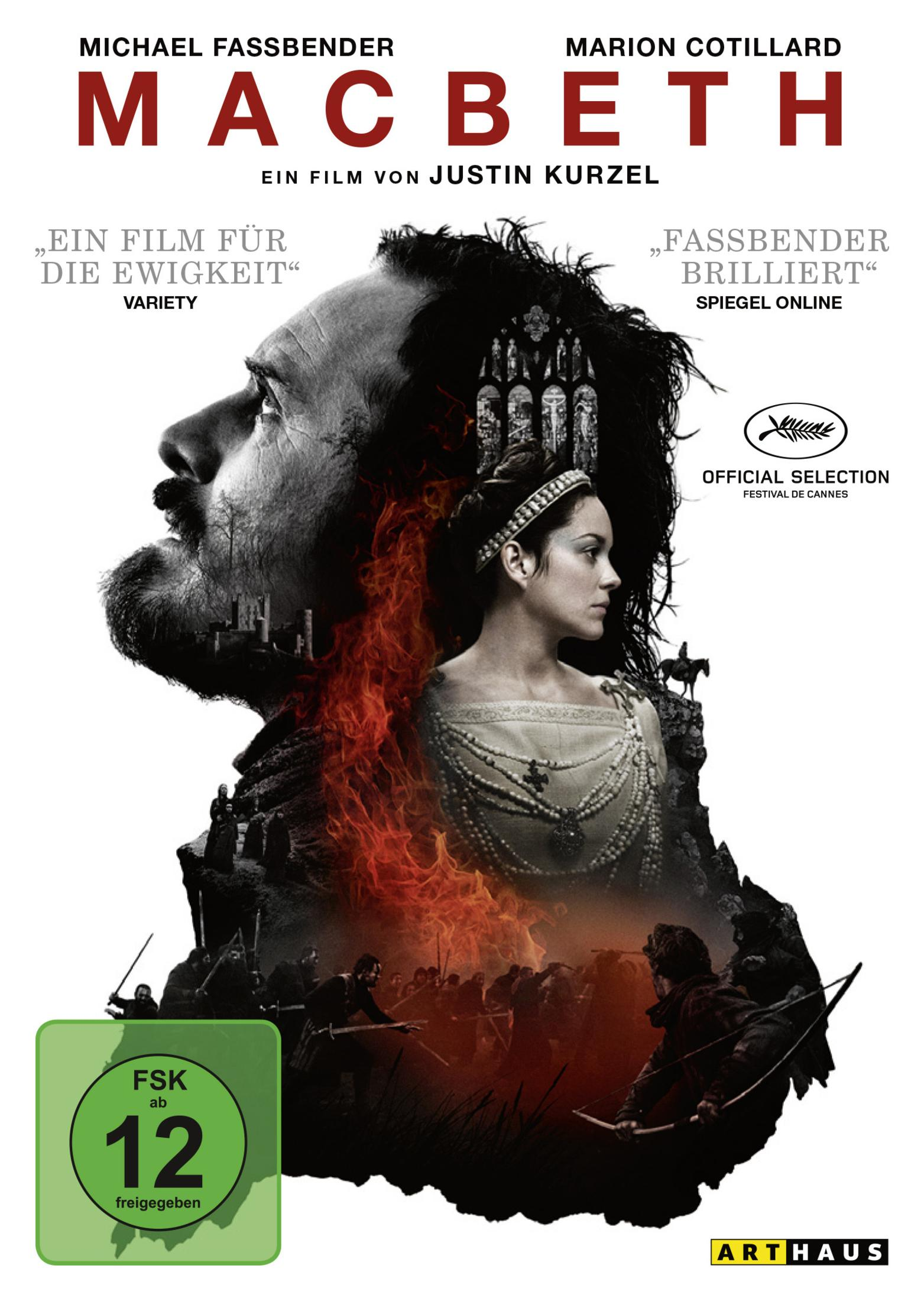 Filmposter von Macbeth mit Michael Fassbender und Marion Cotillard, im Hintergrund Kampfszenen und Feuer.