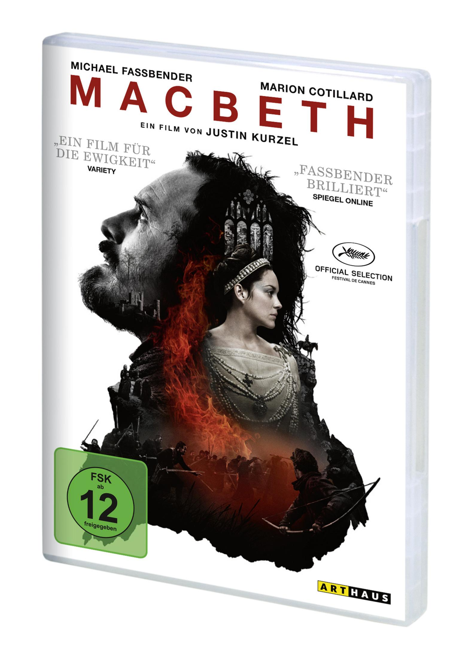 DVD-Hülle des Films Macbeth mit Michael Fassbender und Marion Cotillard vor dunklem Hintergrund.