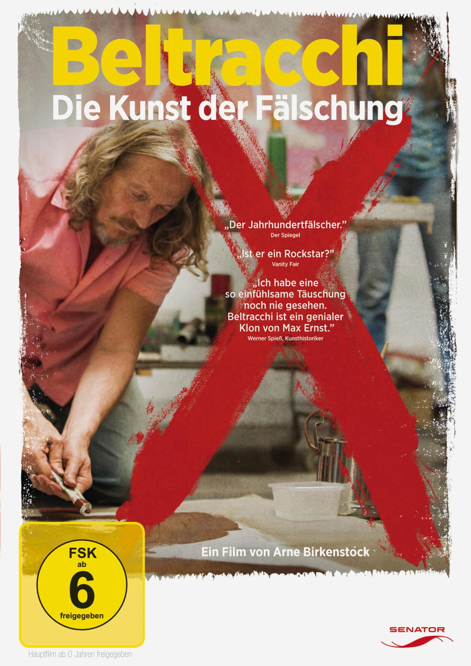 Filmplakat für Beltracchi: Ein Mann mit langem blondem Haar malt konzentriert auf einem Boden.