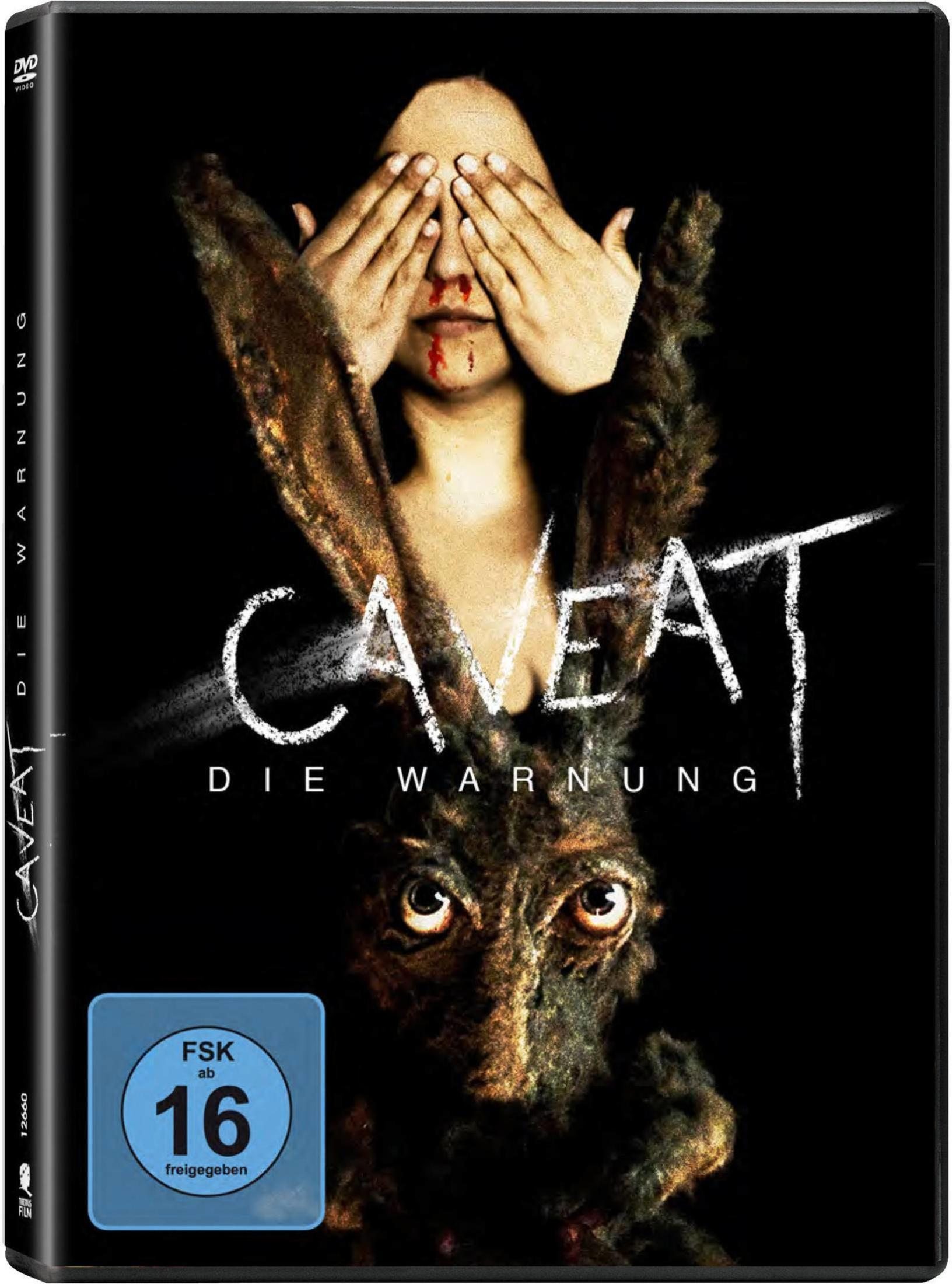 DVD-Cover von Caveat mit einer Frau mit bedeckten Augen und einem finsteren Hasen im Vordergrund.