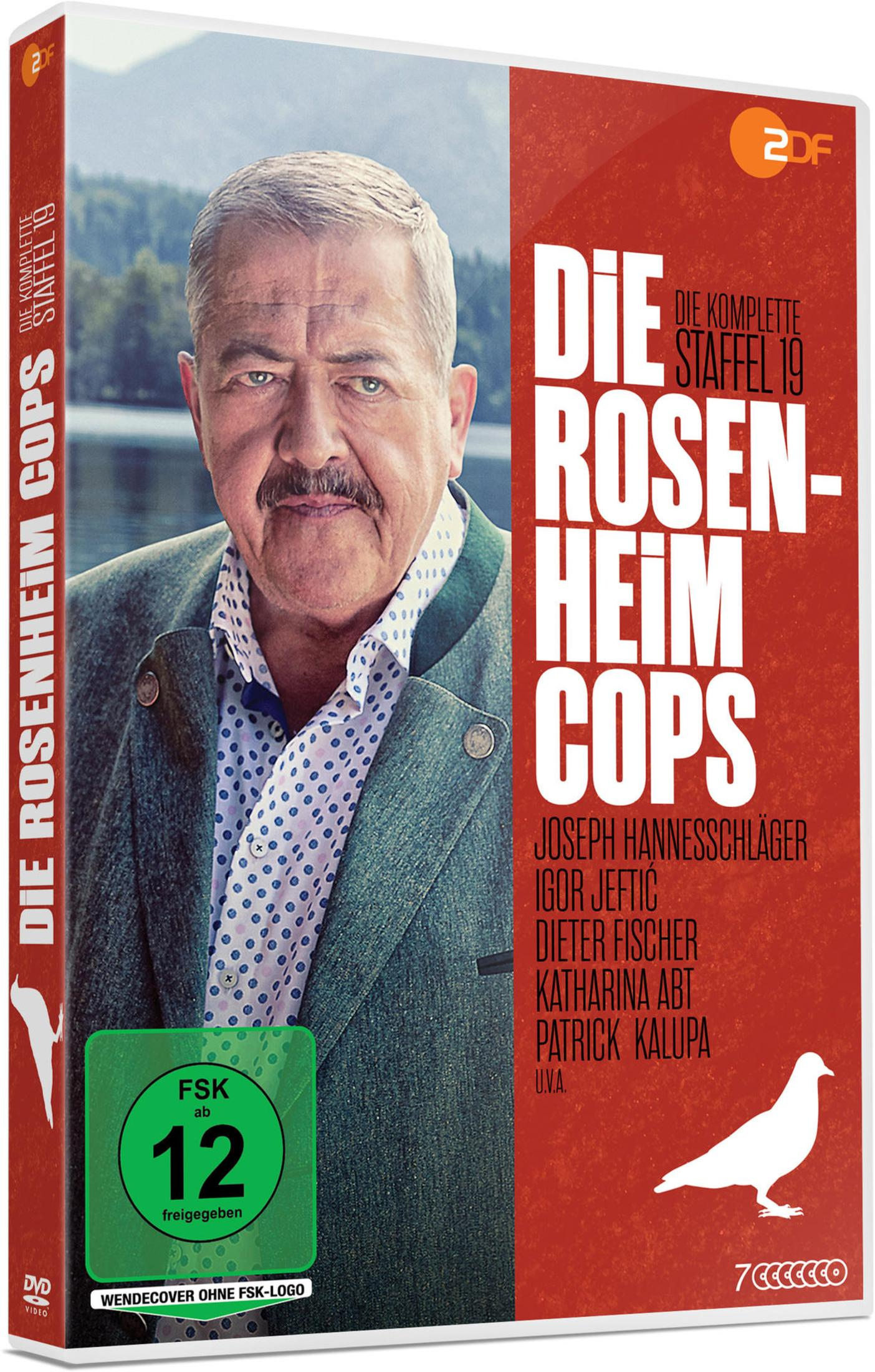 DVD-Cover von Die Rosenheim-Cops, Staffel 19, mit einem Mann mit Schnurrbart vor einer Bergkulisse.