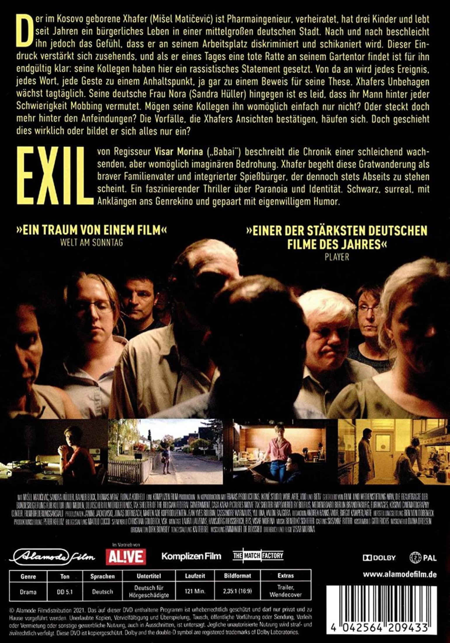 DVD-Cover des Films Exil mit Text und Szenenbildern vor schwarzem Hintergrund.