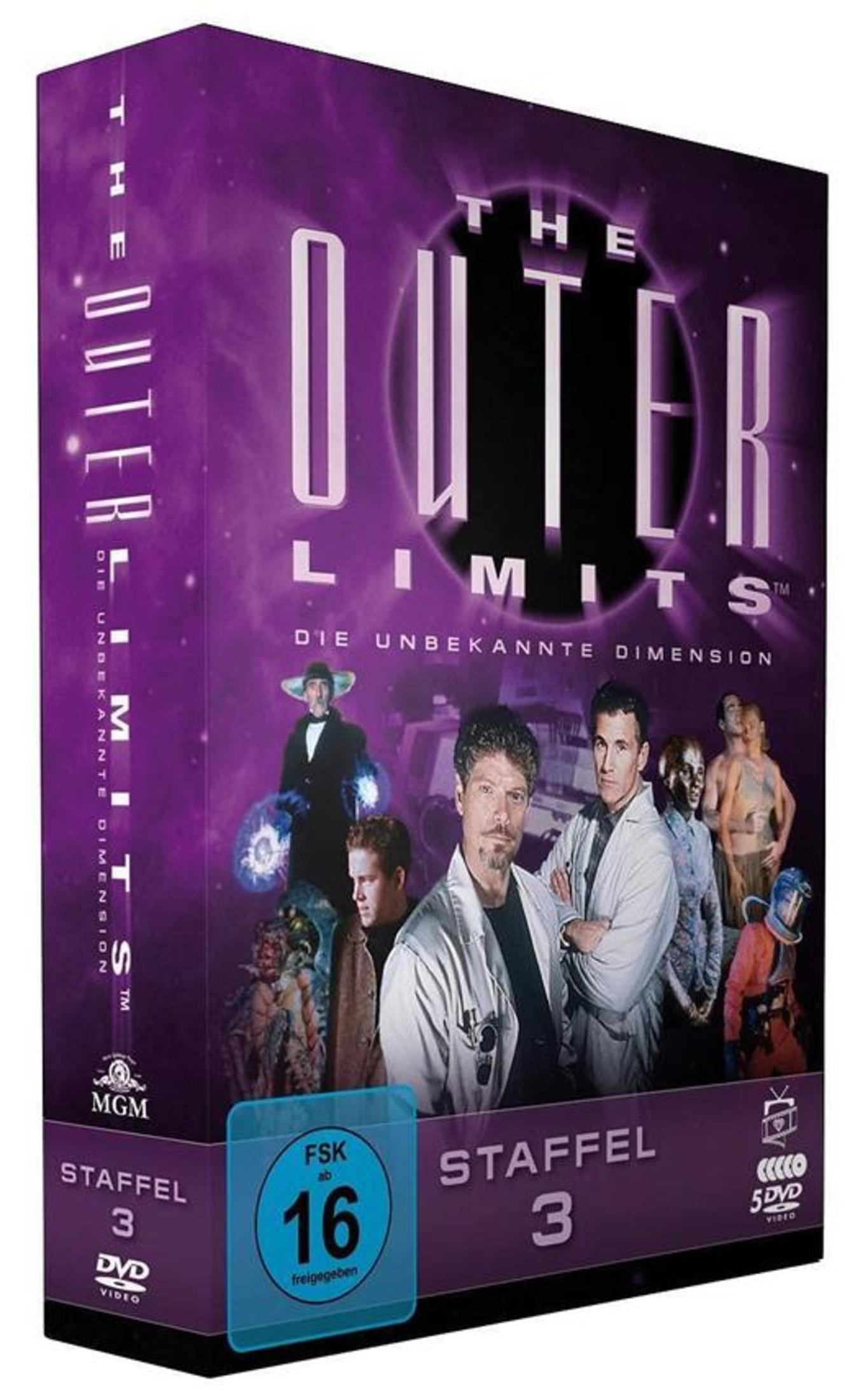 DVD-Box für Outer Limits Staffel 3 mit violettem Galaxy-Hintergrund, Hauptdarstellern und FSK-16-Logo.