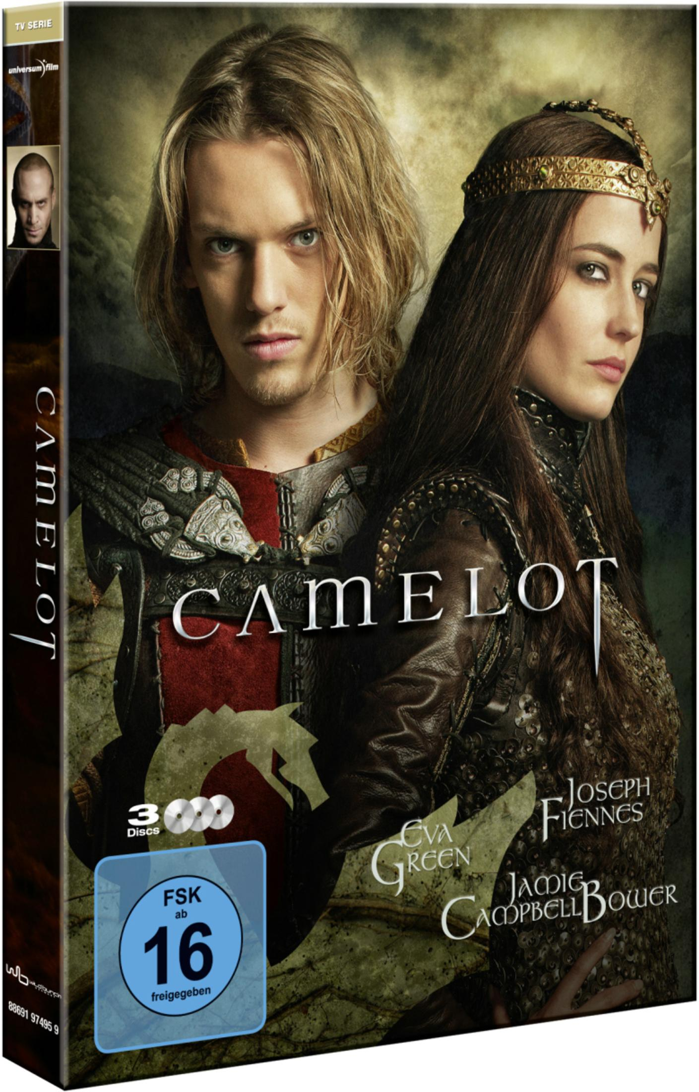 DVD-Cover von Camelot mit Jamie Campbell Bower und Eva Green vor einem dunklen Hintergrund.