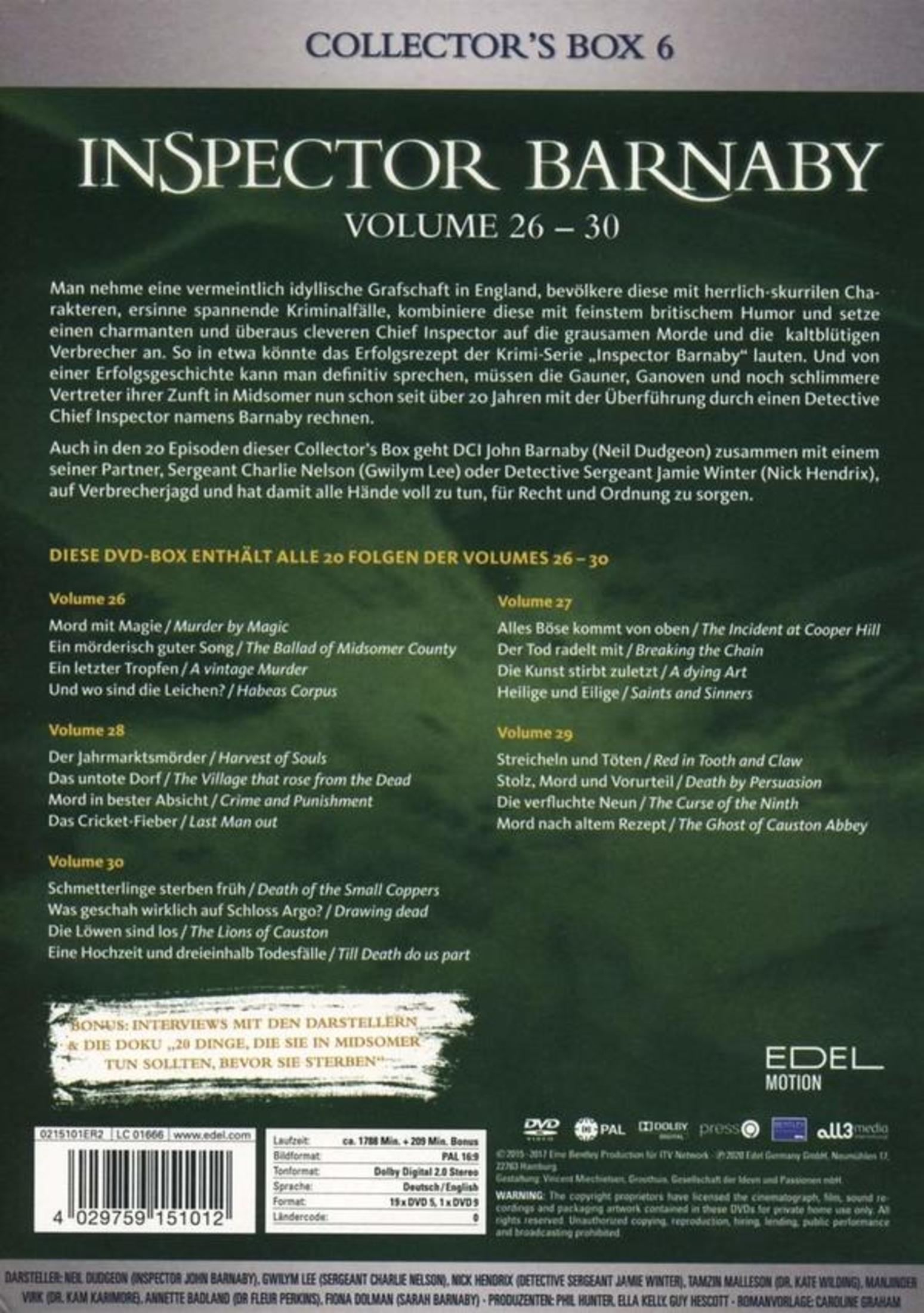 Rückseite einer Inspector Barnaby DVD-Box mit Episodenübersicht auf grünem Hintergrund.