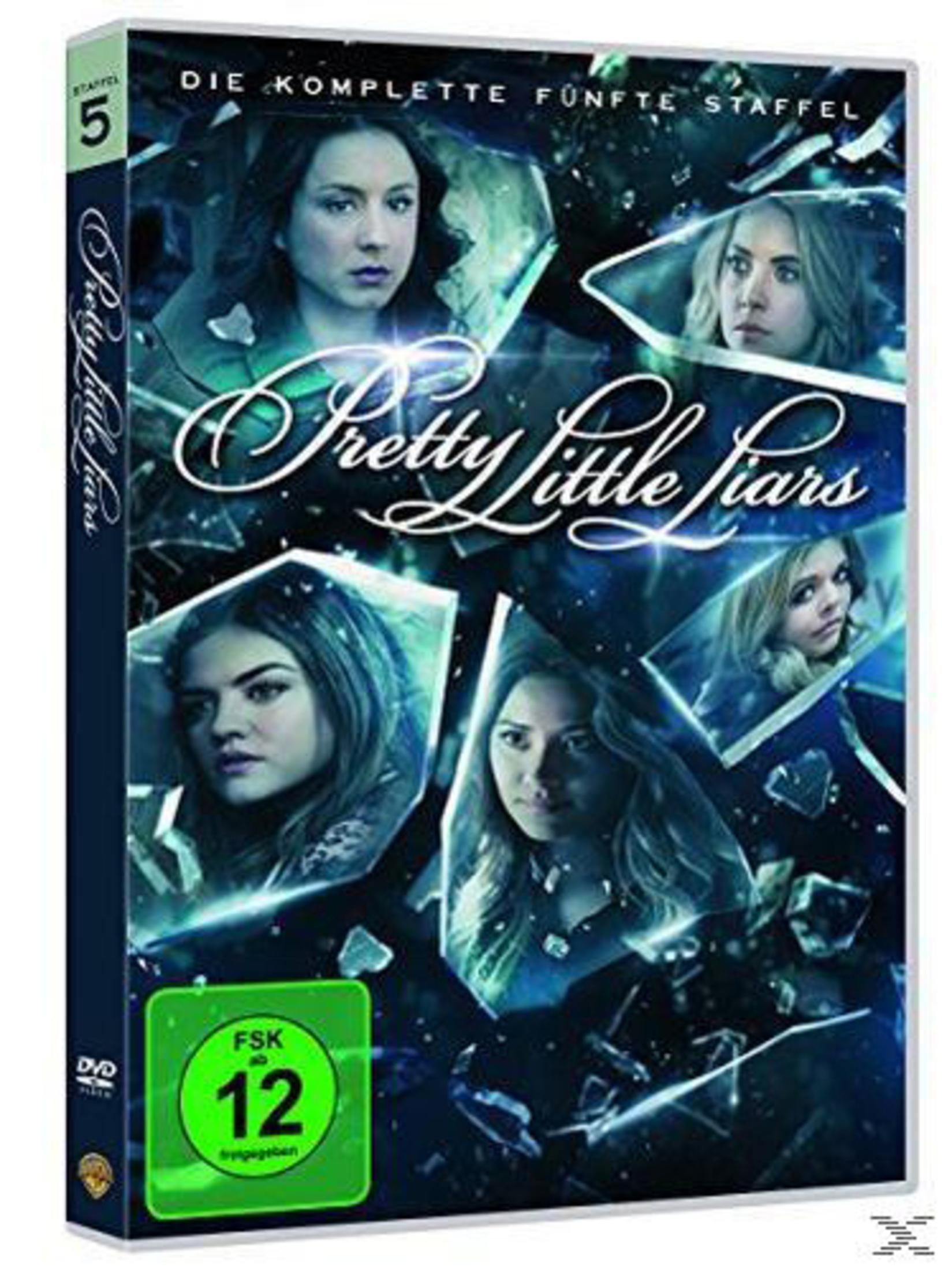 DVD-Cover von Pretty Little Liars, Staffel 5, mit vier Frauen in zerbrochenen Glasscherben auf blauem Hintergrund.