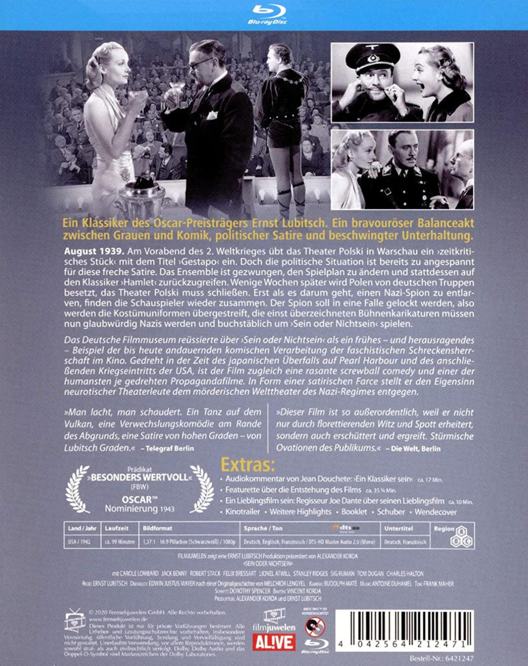 Rückseite einer Blu-ray-Hülle des Films Sein oder Nichtsein mit Szenenbildern, Text und technischen Details.