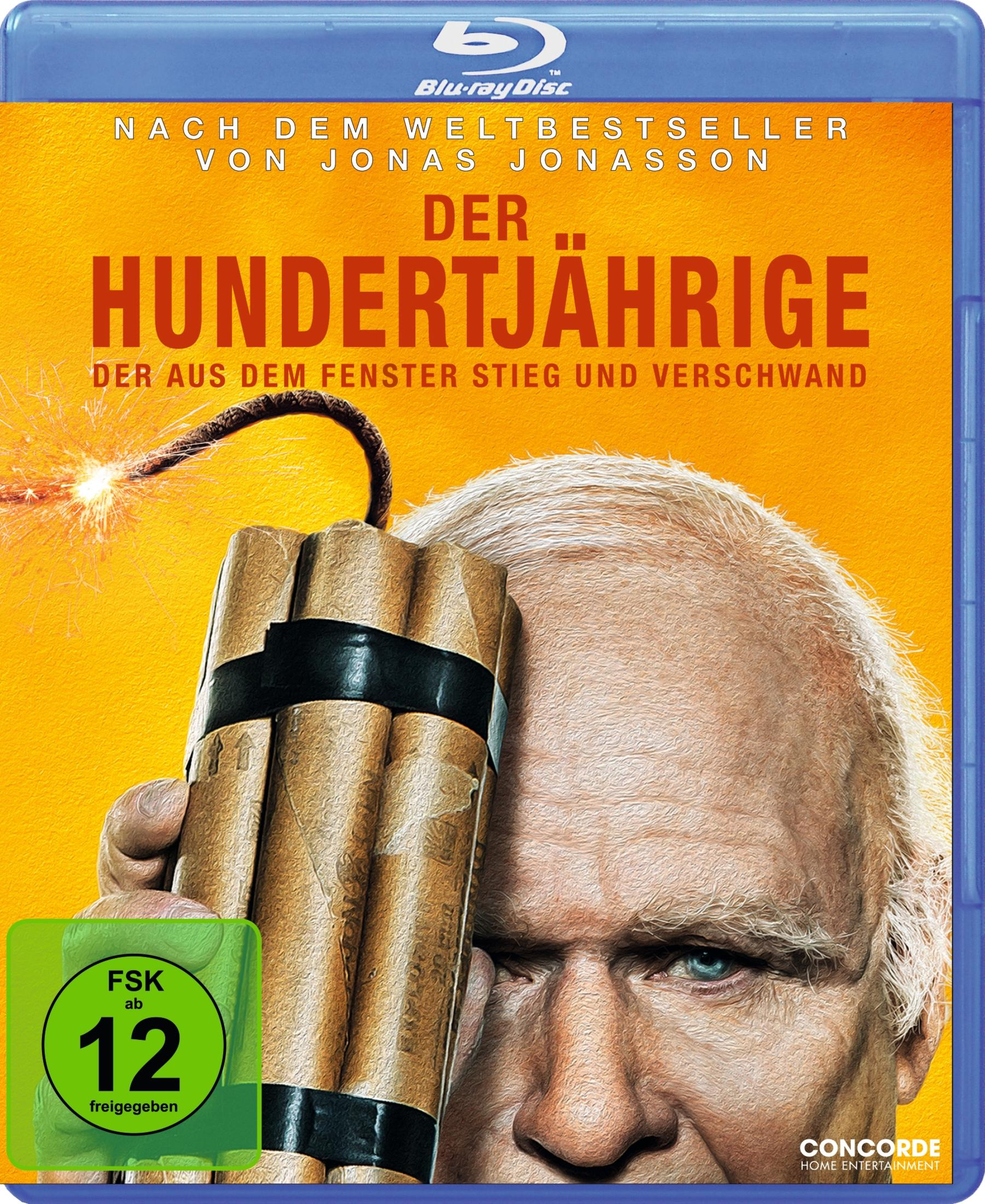 Filmcover: Mann hält Dynamit, Zünder brennt. Titel 'Der Hundertjährige'.