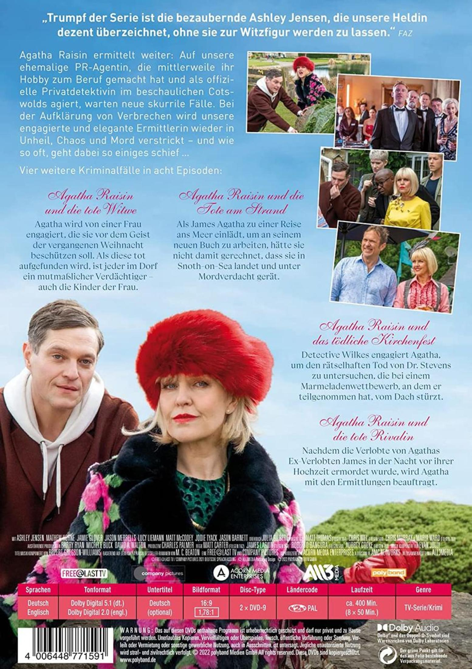 DVD-Cover der Krimiserie Agatha Raisin mit Ashley Jensen in rotem Hut und weiteren Charakteren.