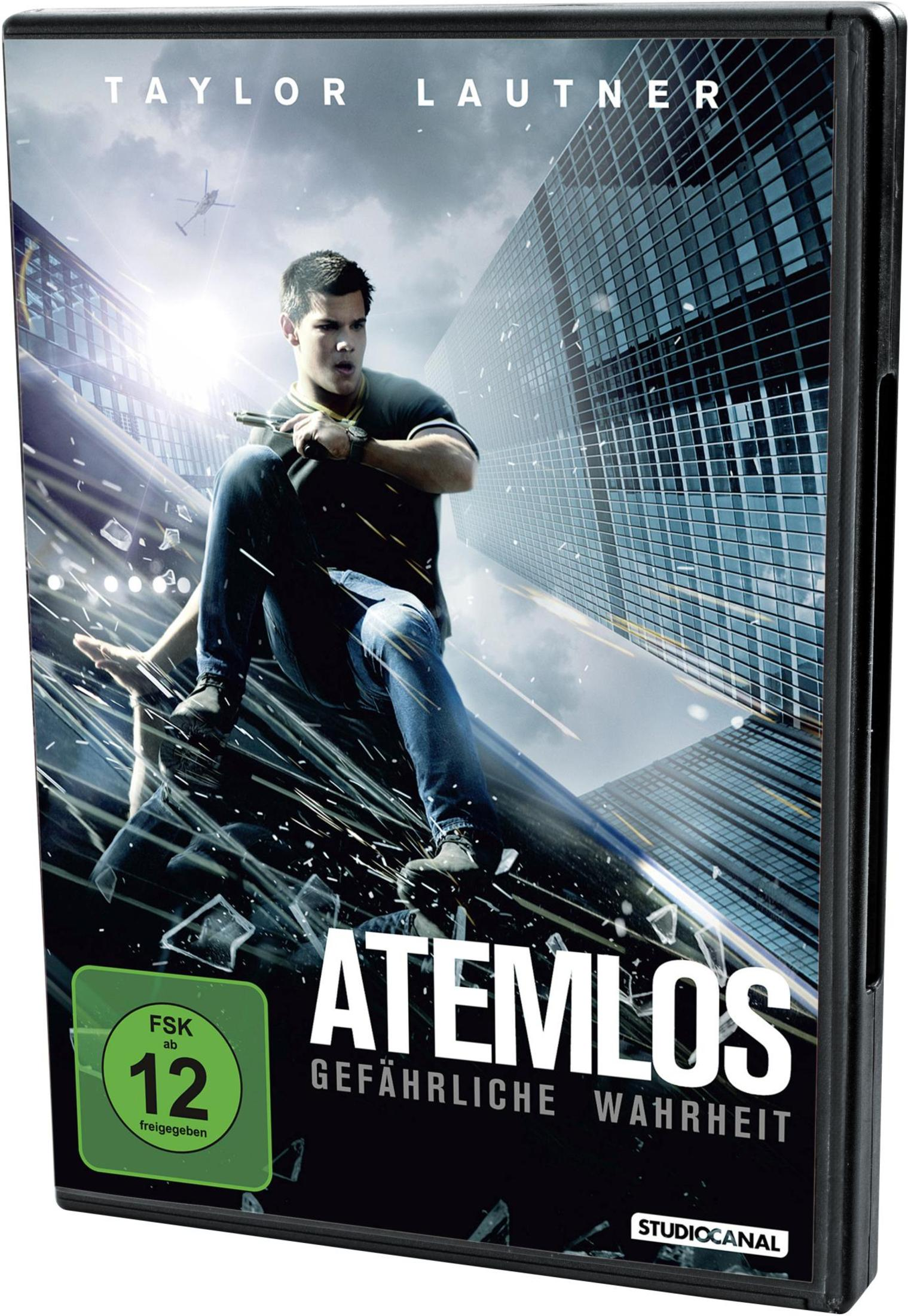 DVD-Cover von Atemlos mit Taylor Lautner, der vor Glasbrocken und modernen Hochhäusern rennt.