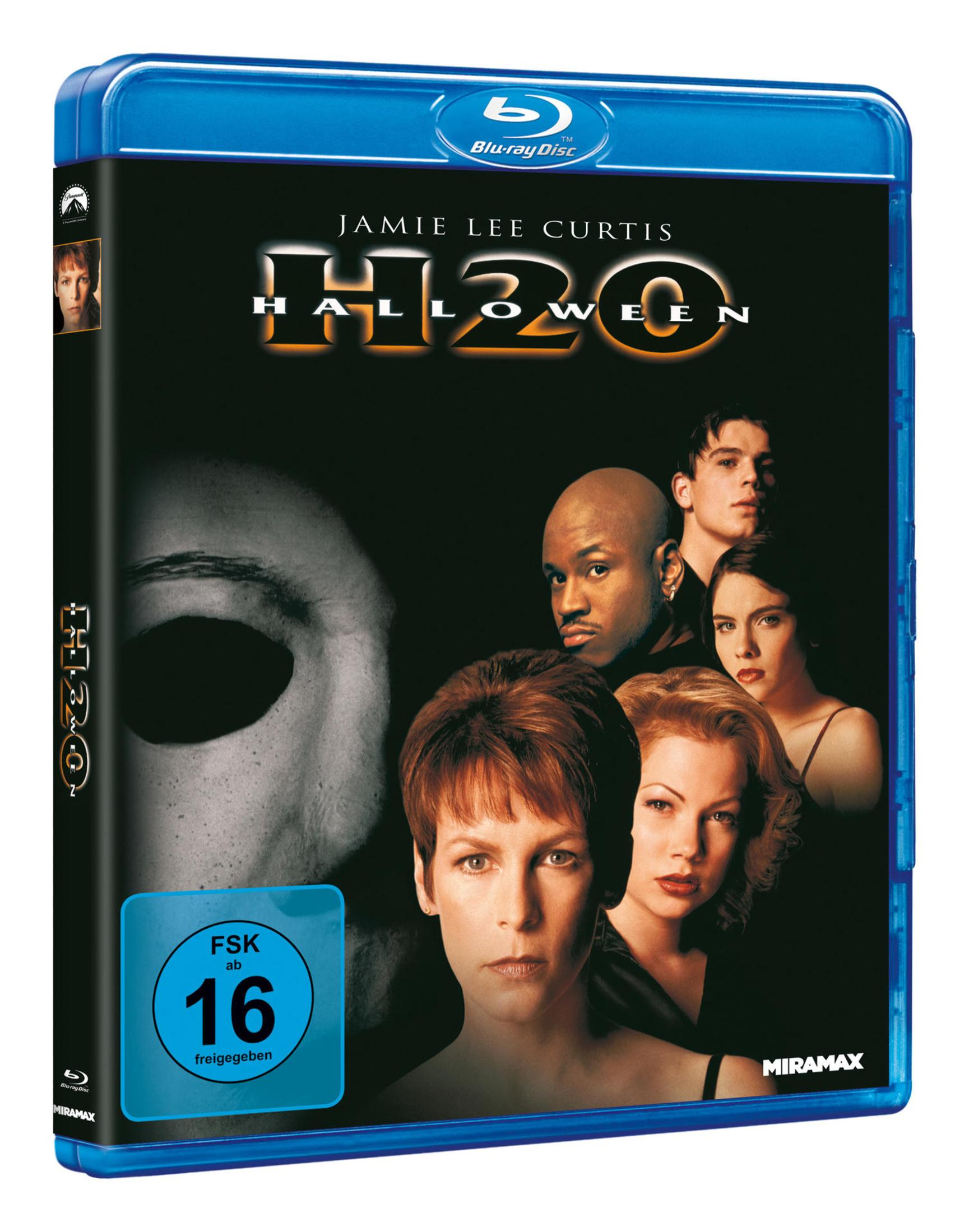 Blu-ray-Hülle des Films Halloween H2O mit Jamie Lee Curtis und anderen Schauspielern vor schwarzem Hintergrund.