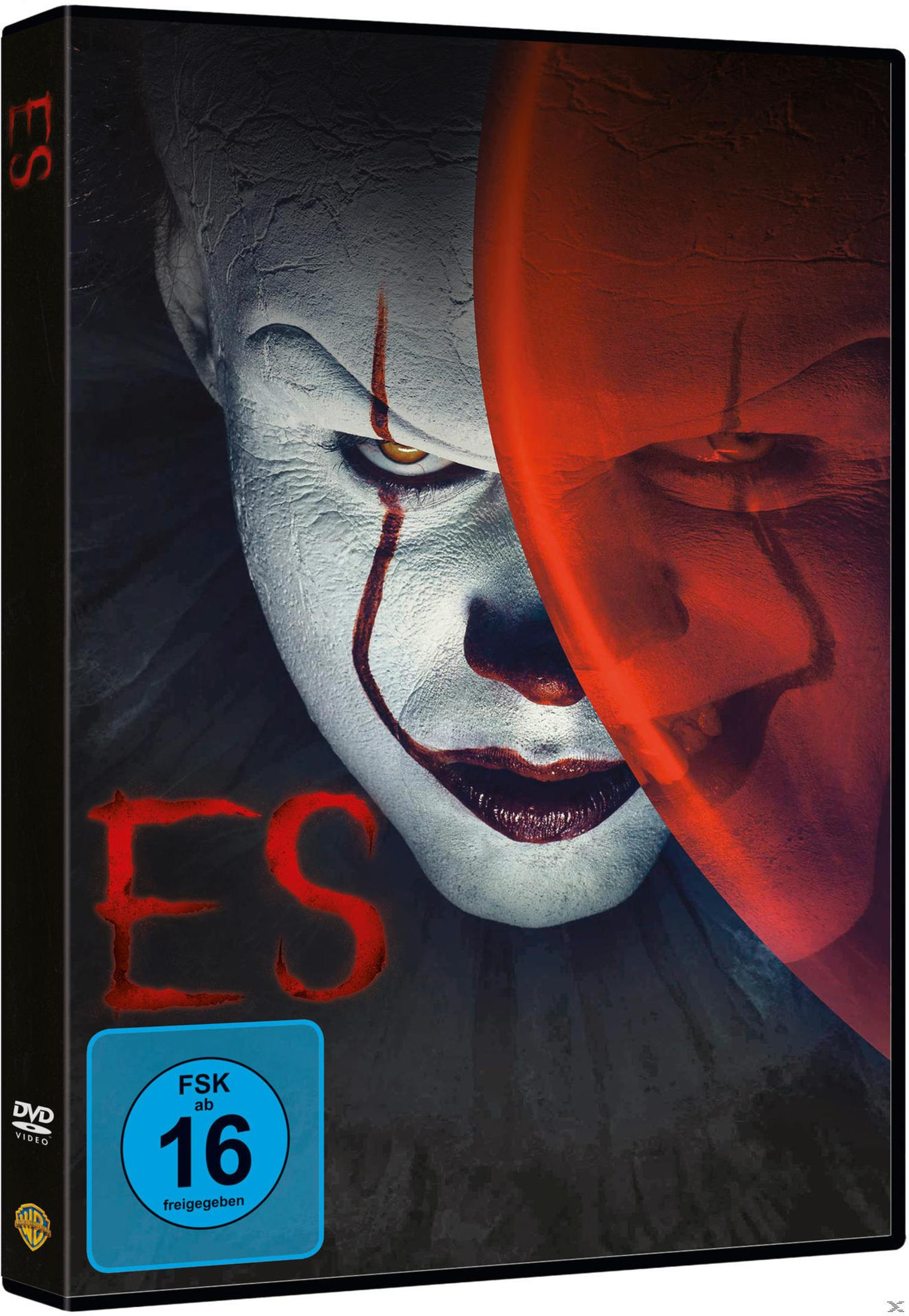 DVD-Cover für ES mit Pennywise im weißem Gesicht, rotem Make-up und einem roten Ballon, der sein Gesicht verdeckt.