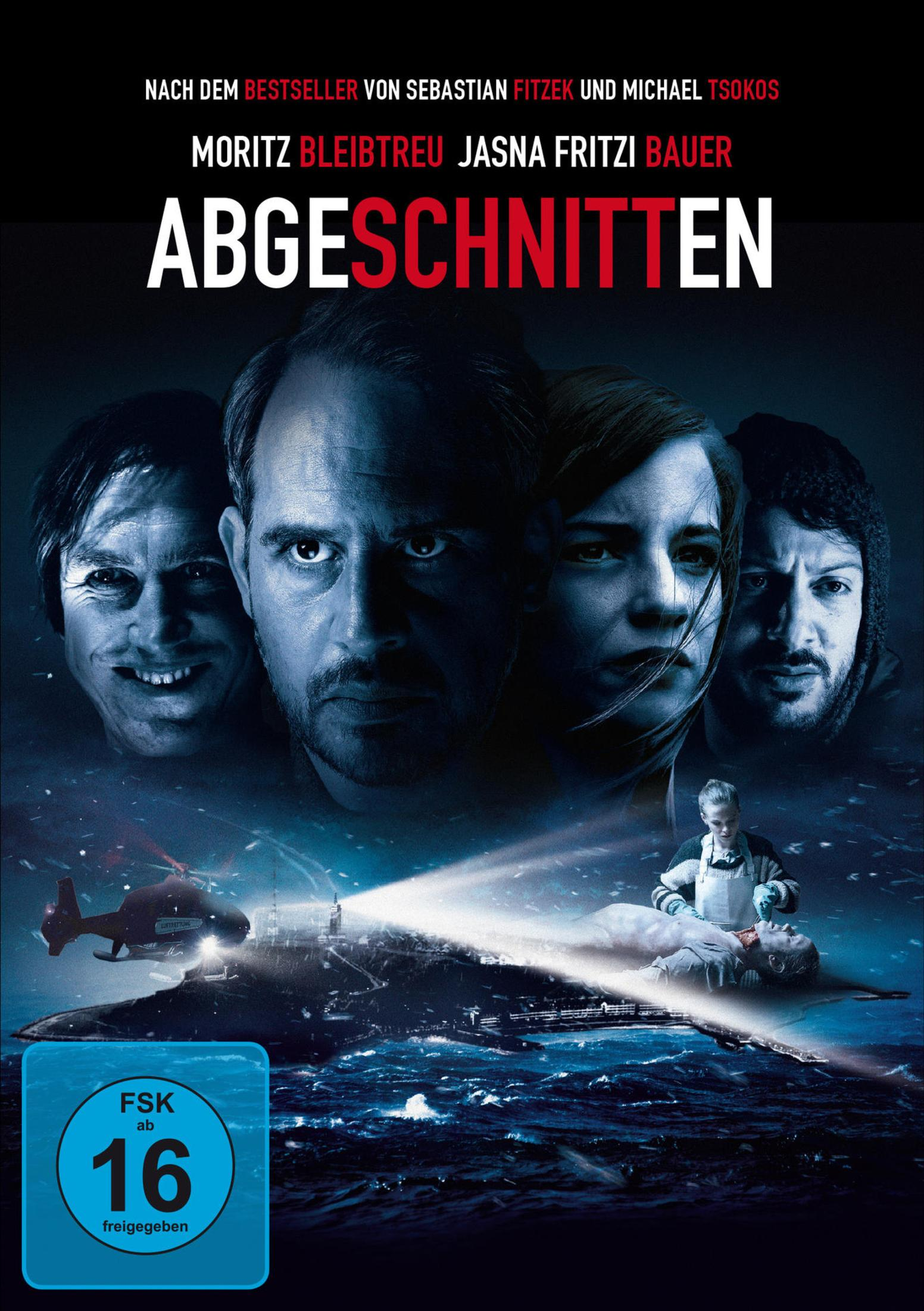 Filmplakat für Abgeschnitten mit vier Gesichtern oben und einer dunklen Sturmszene mit Figuren unten.
