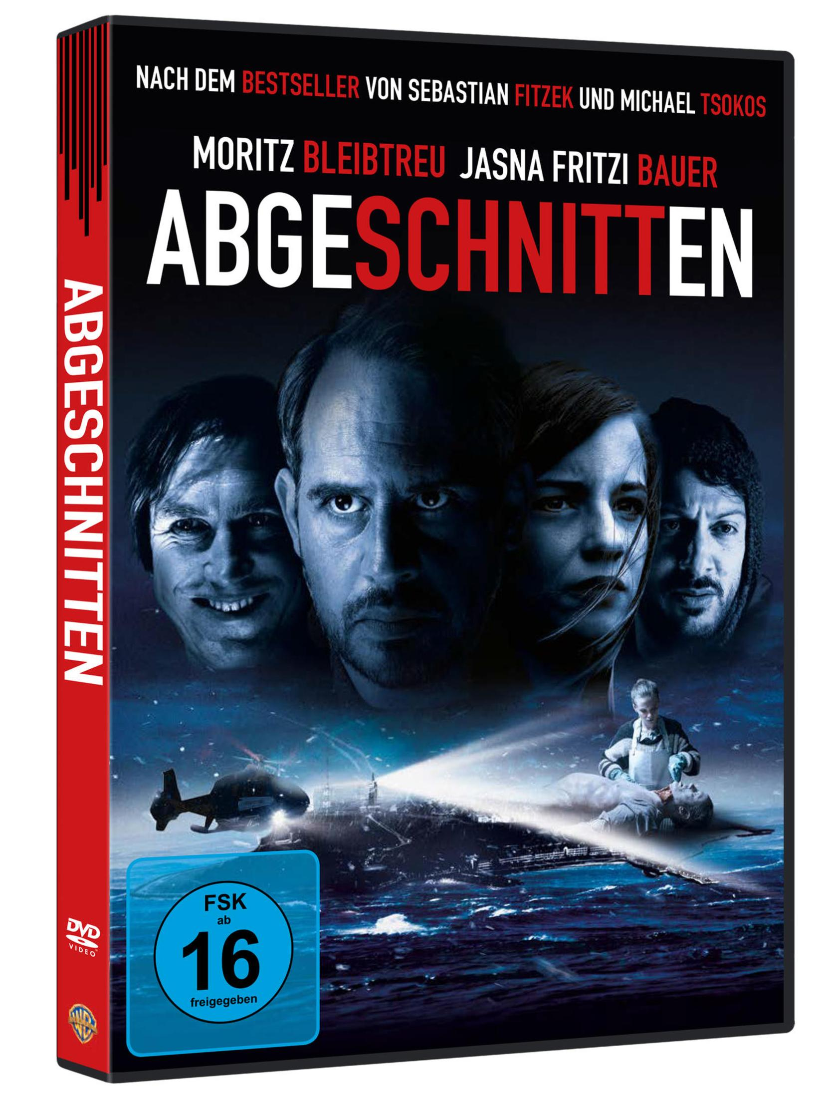 DVD-Cover des Thrillers Abgeschnitten mit vier Gesichtern und dunklem Meereshintergrund.