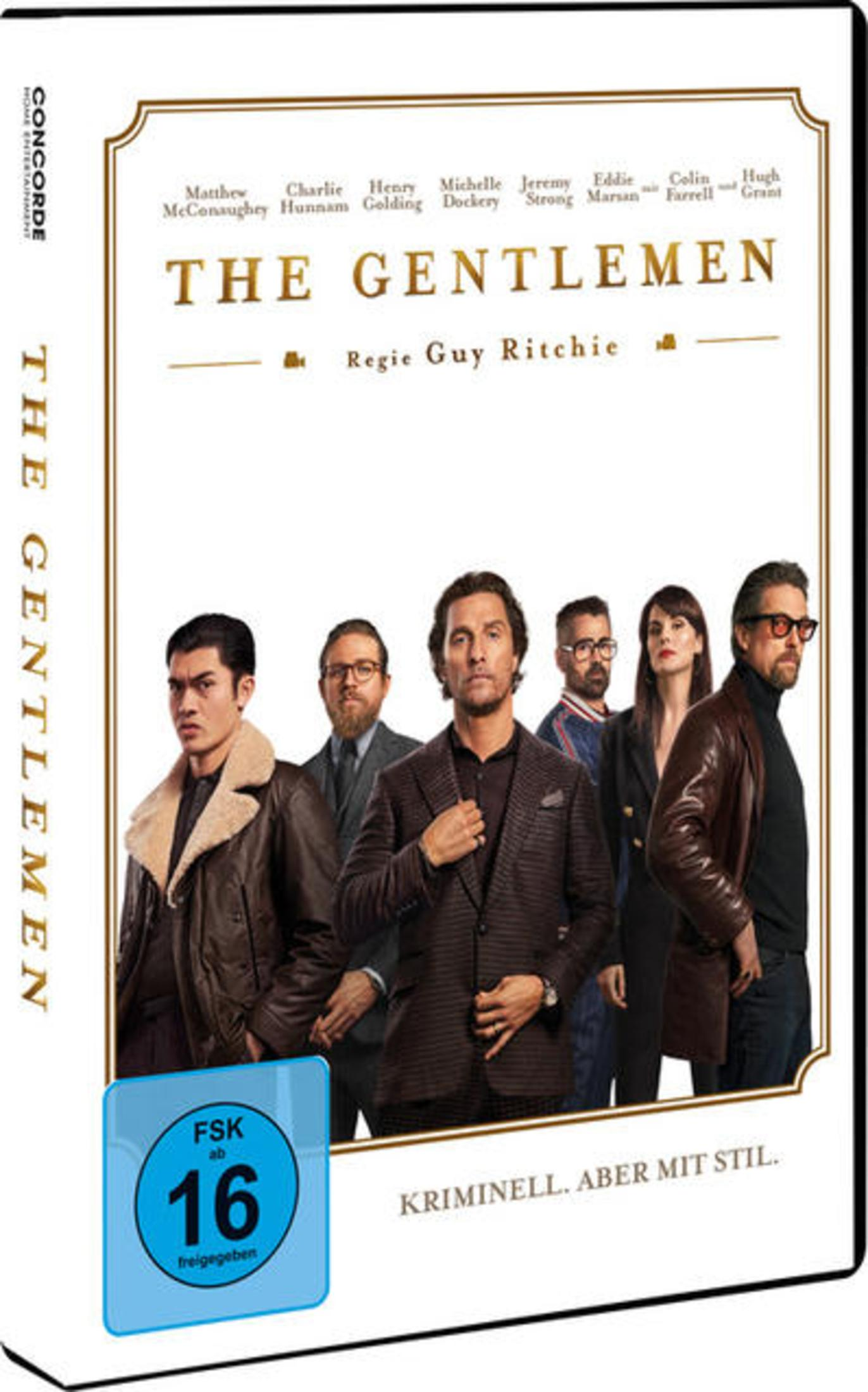 DVD-Hülle von The Gentlemen, mit Schauspielern in Anzügen und Jacken vor weißem Hintergrund.
