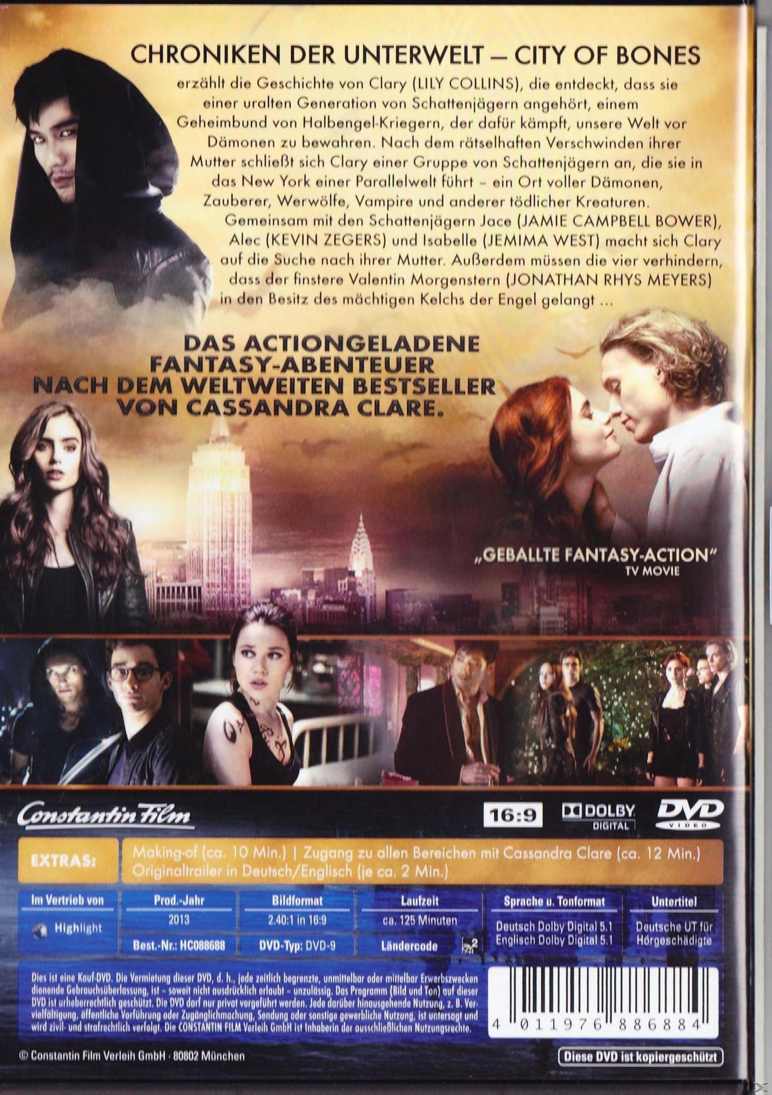 DVD-Rückseite des Films City of Bones mit Texten, Charakterbildern und technischen Informationen.