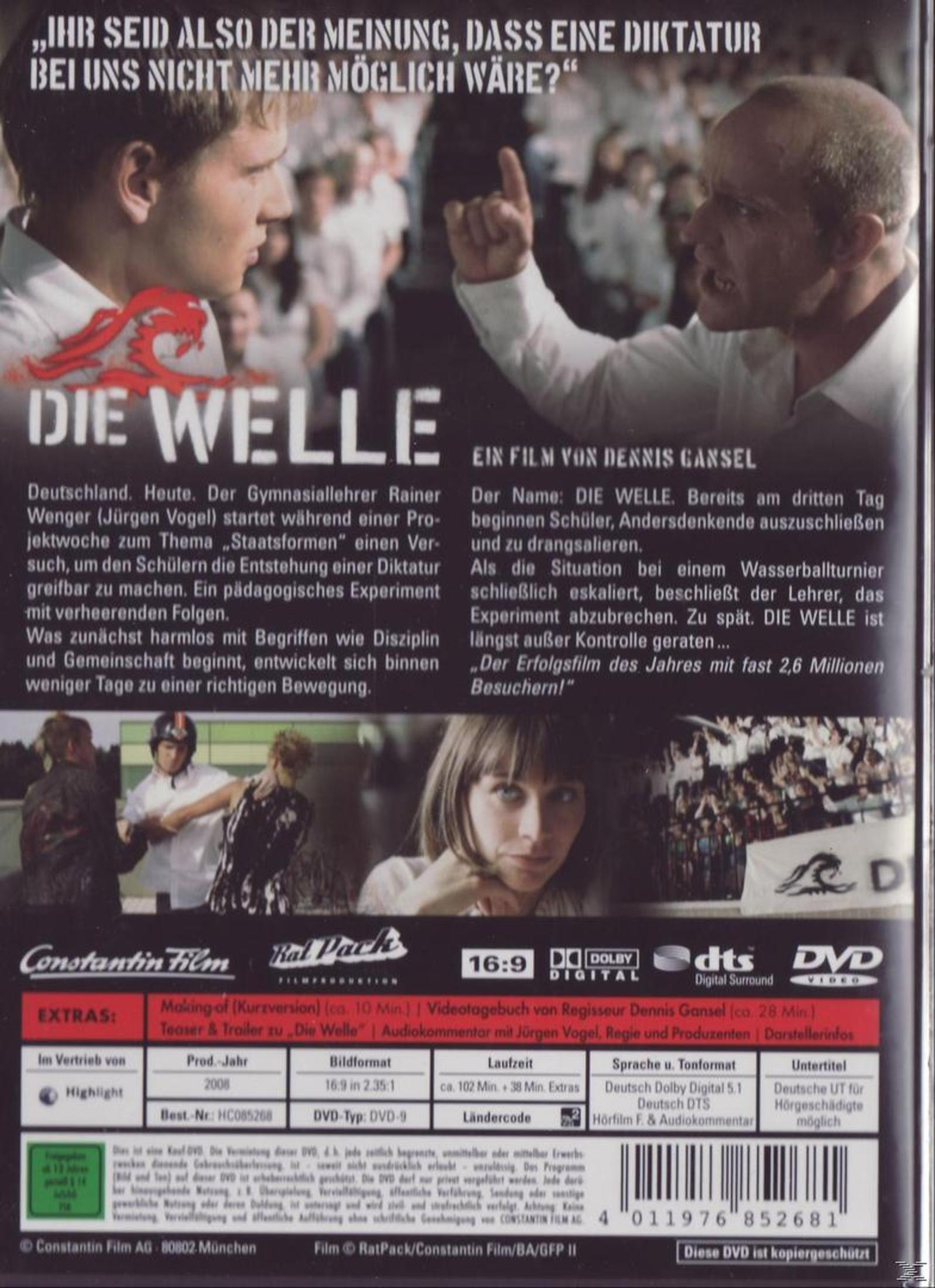 DVD-Cover für 'Die Welle' mit Filmszenen, deutschem Text und Credits vor dunklem Hintergrund.