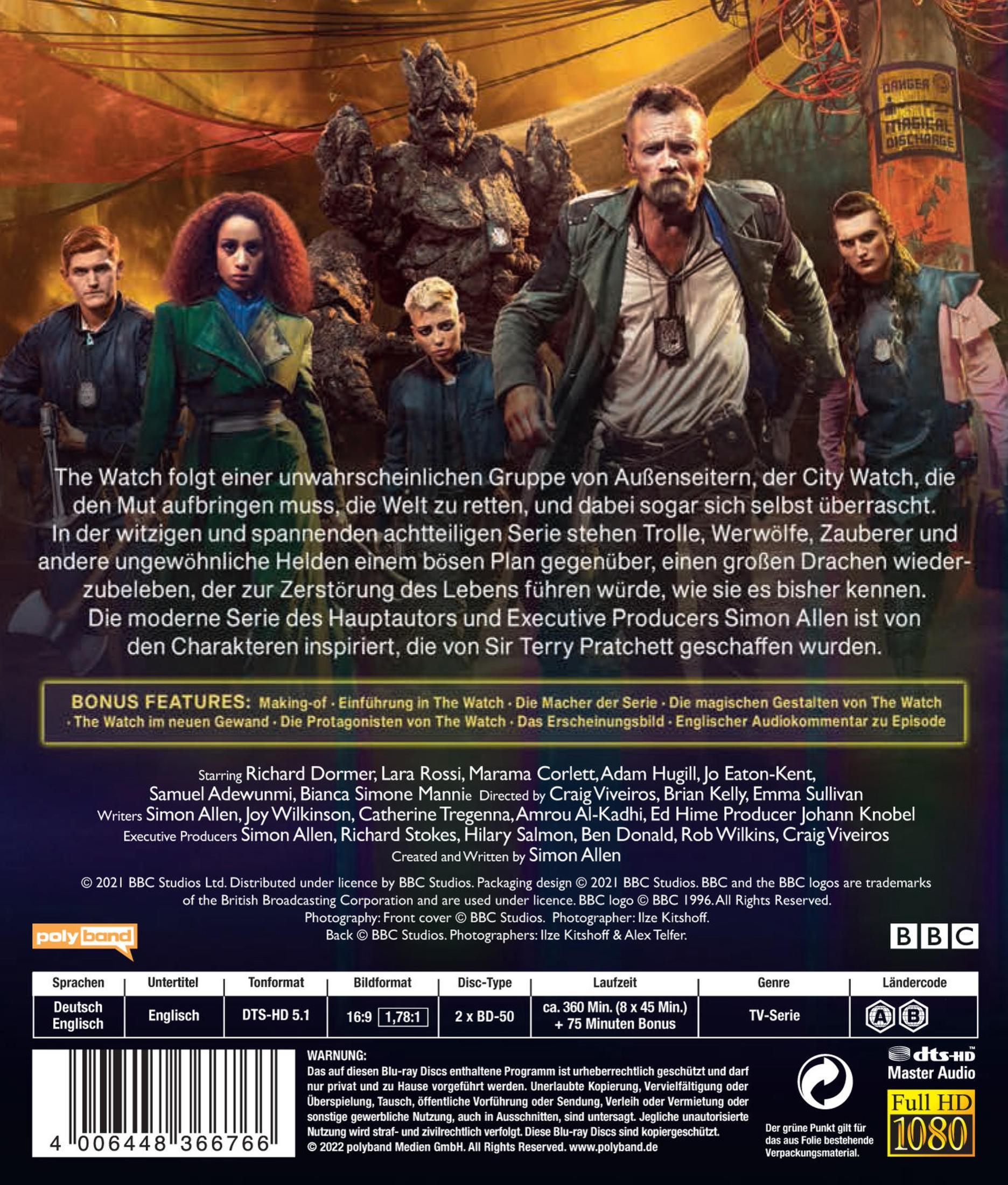 Blu-ray-Rückseite von Die Wache mit Charakteren, Text und technischen Details.