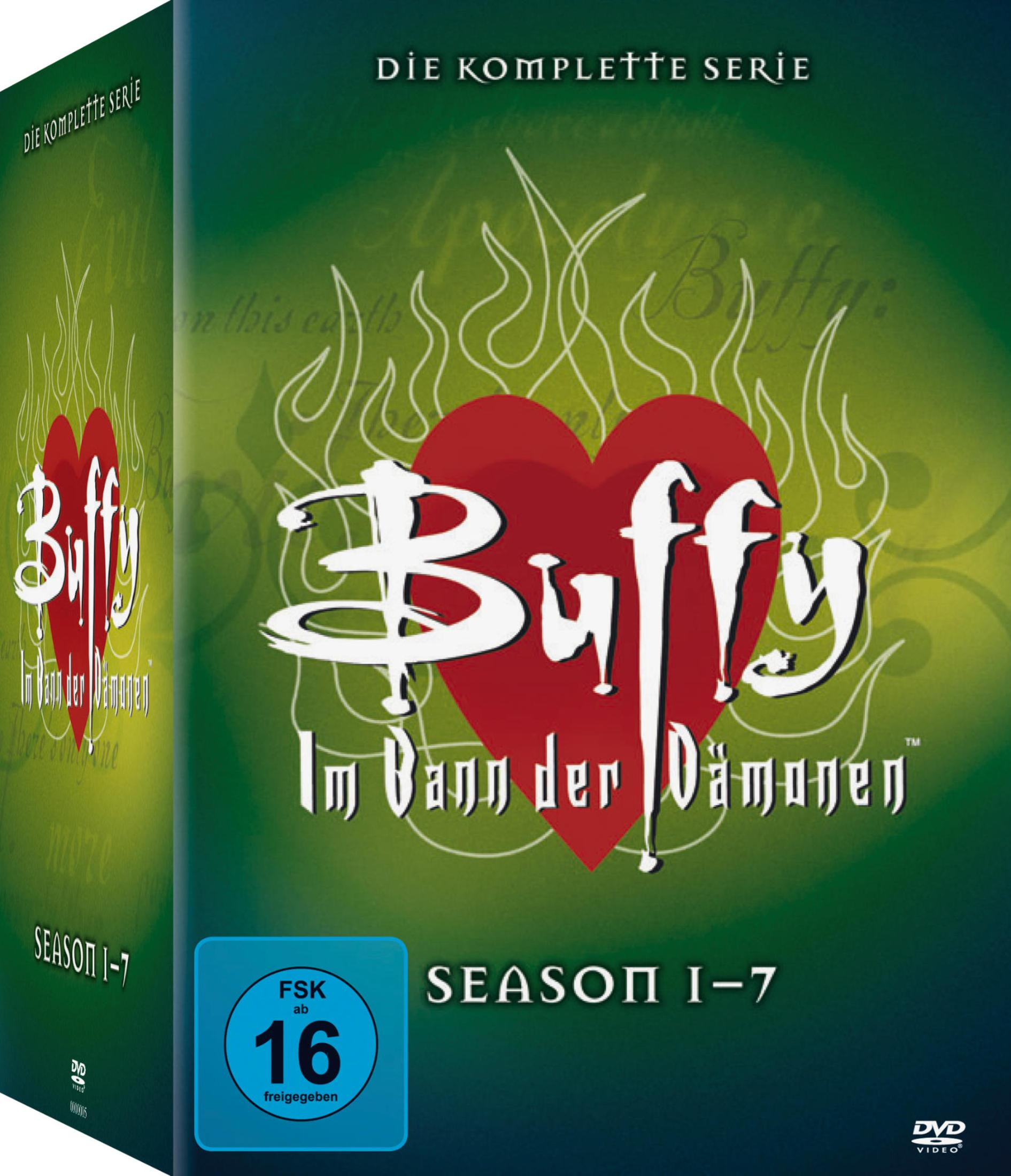 DVD-Box der Serie Buffy, komplett mit Staffel 1-7, auf grünem Hintergrund mit rotem Herz und Flammen.