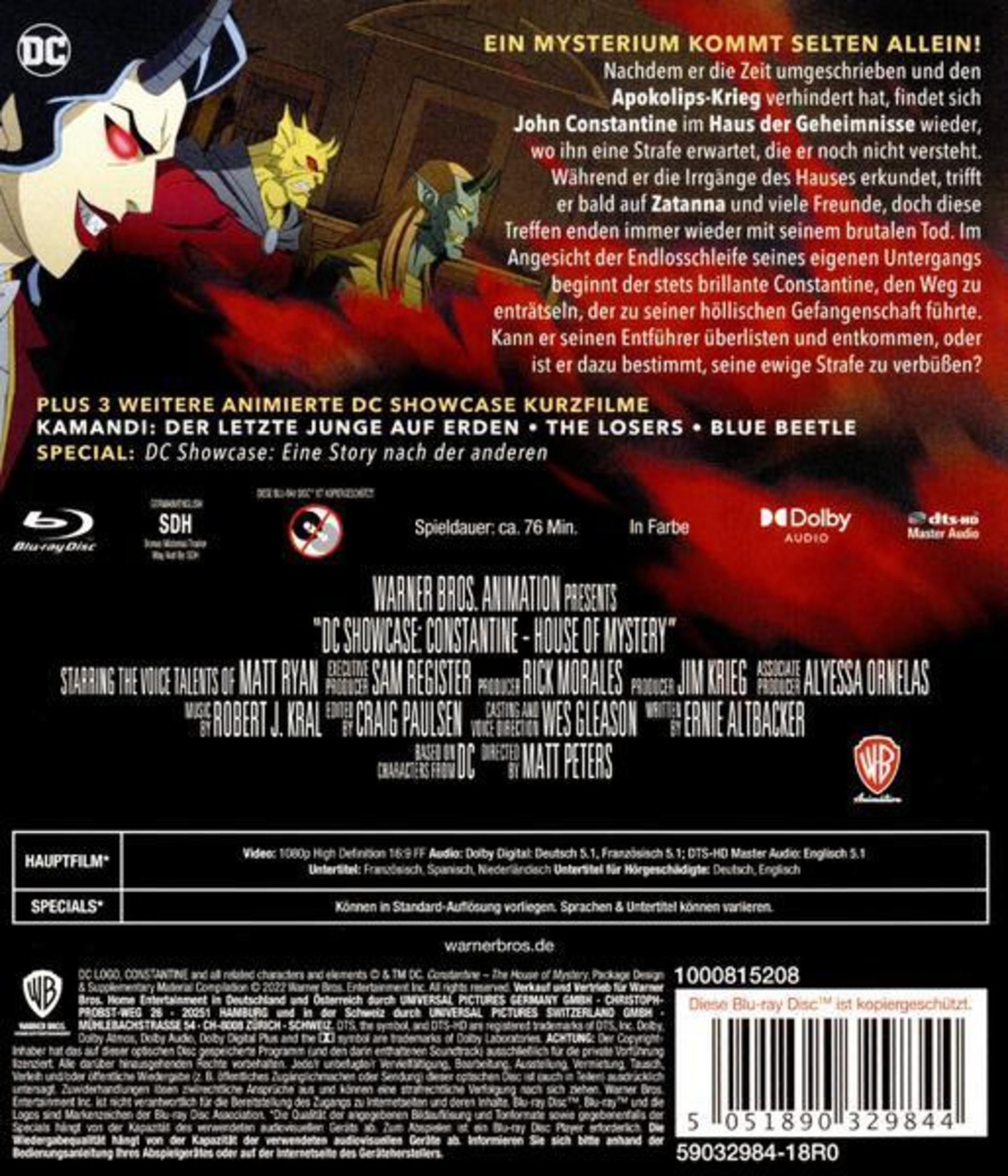Rückseite der Blu-ray-Hülle von DC Showcase: Constantine – House of Mystery mit Text und Details.
