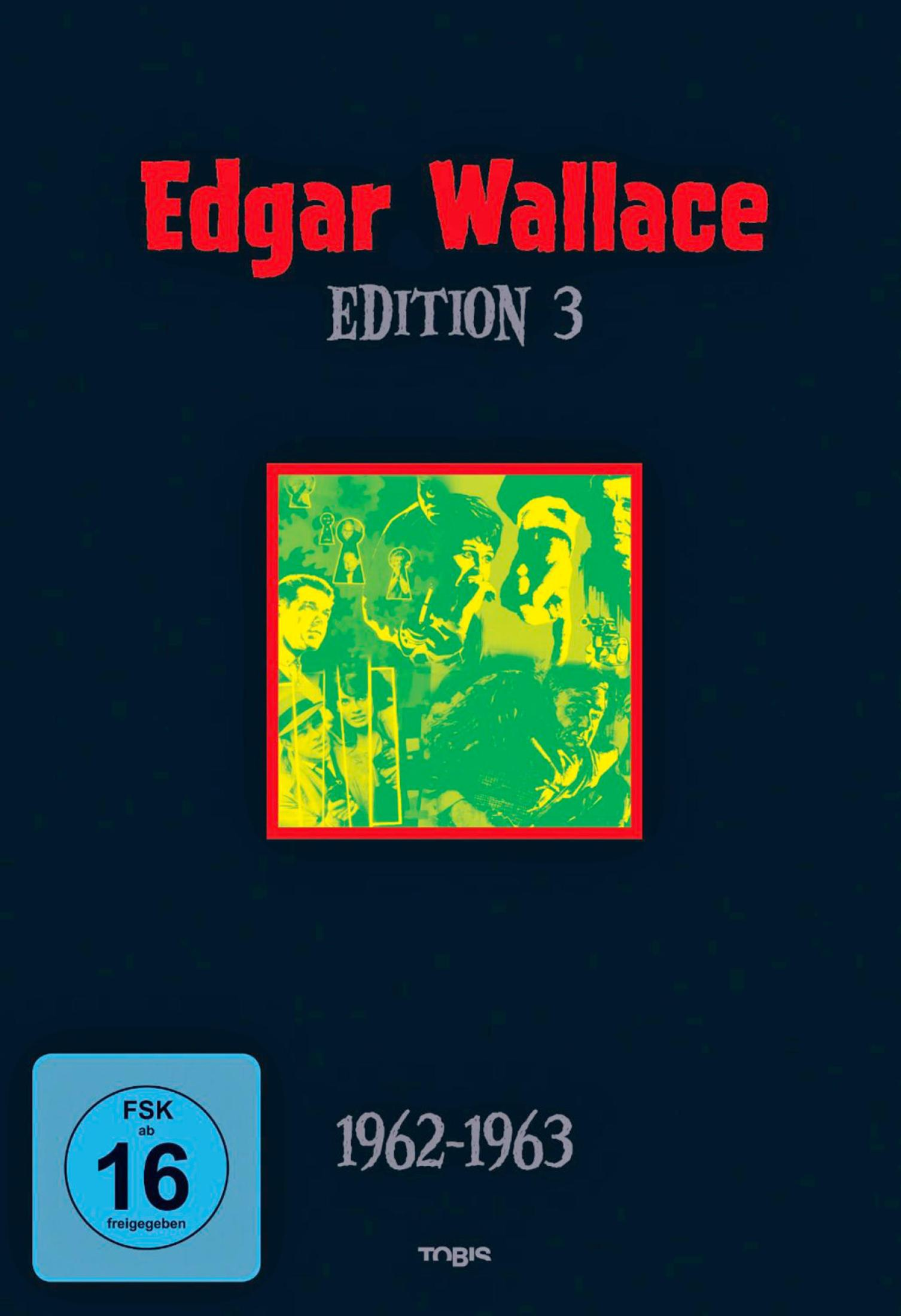 DVD-Cover von Edgar Wallace Edition 3 mit gelb-grüner Illustration, FSK 16 Siegel und Jahreszahlen 1962-1963.
