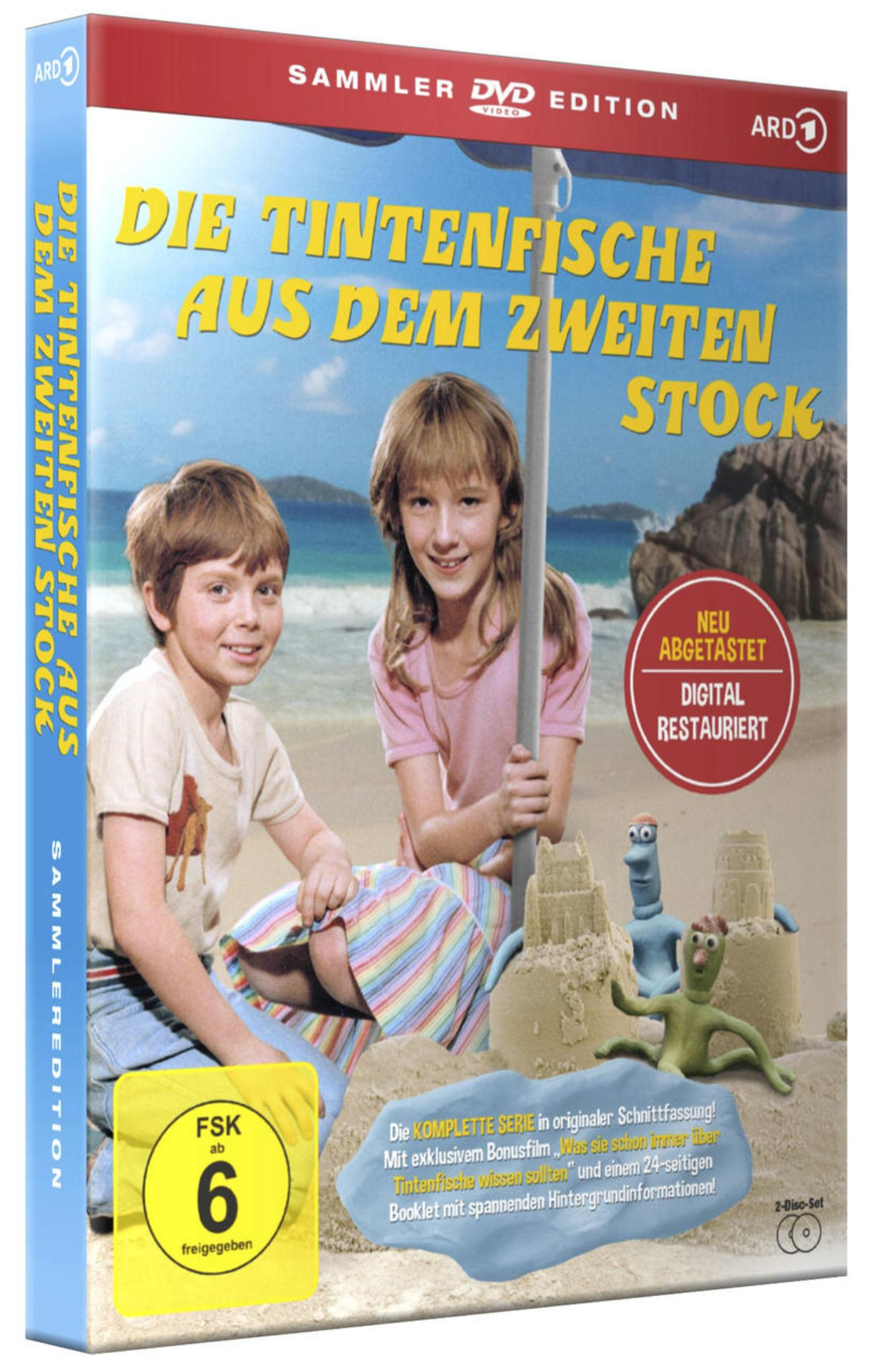 DVD-Hülle der Serie 'Die Tintenfische aus dem zweiten Stock' mit Kindern und Sandfiguren am Strand.