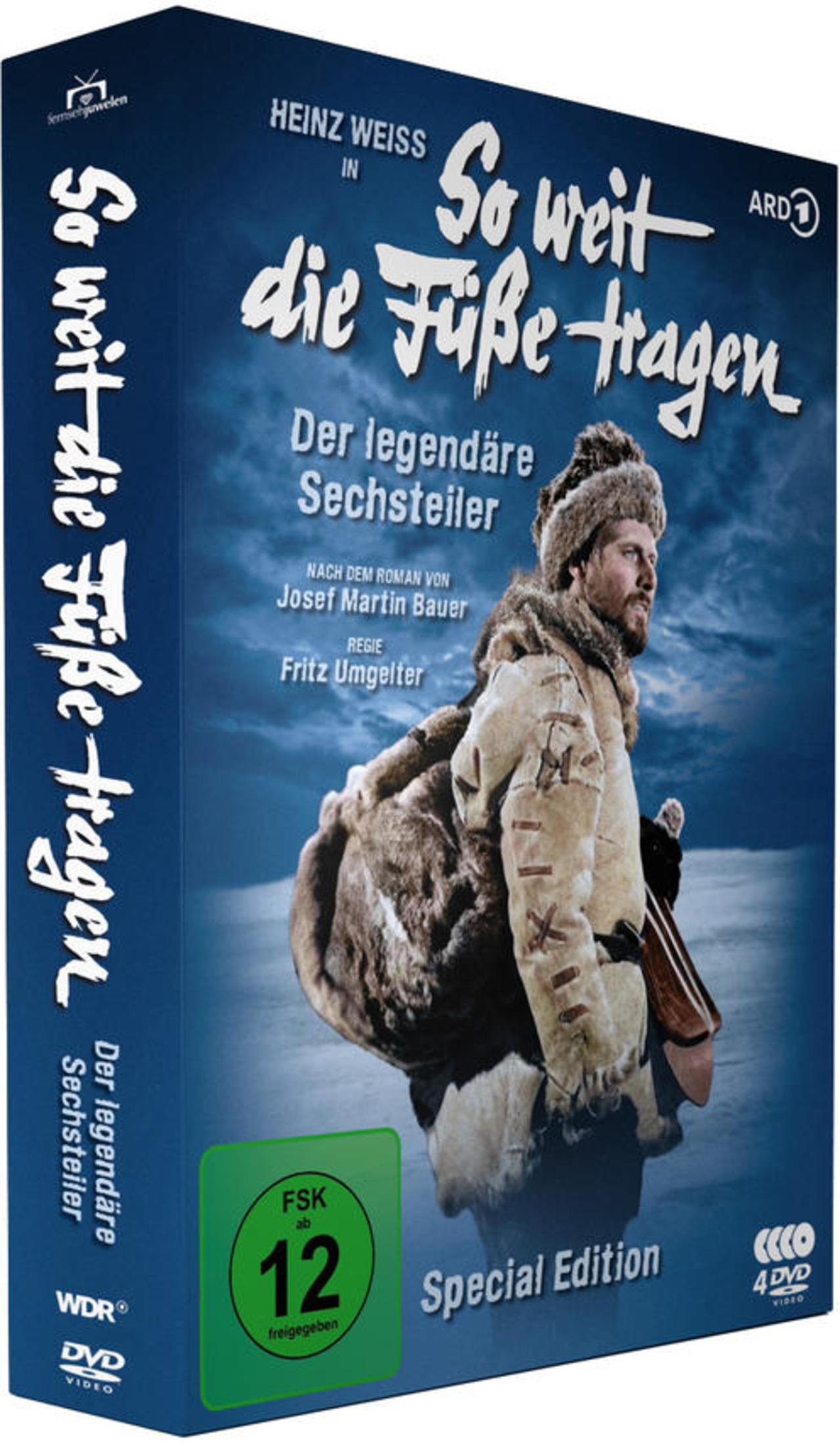 DVD-Cover von 'So weit die Füße tragen' mit Heinz Weiss in winterlicher Kleidung und Schnee-Hintergrund.