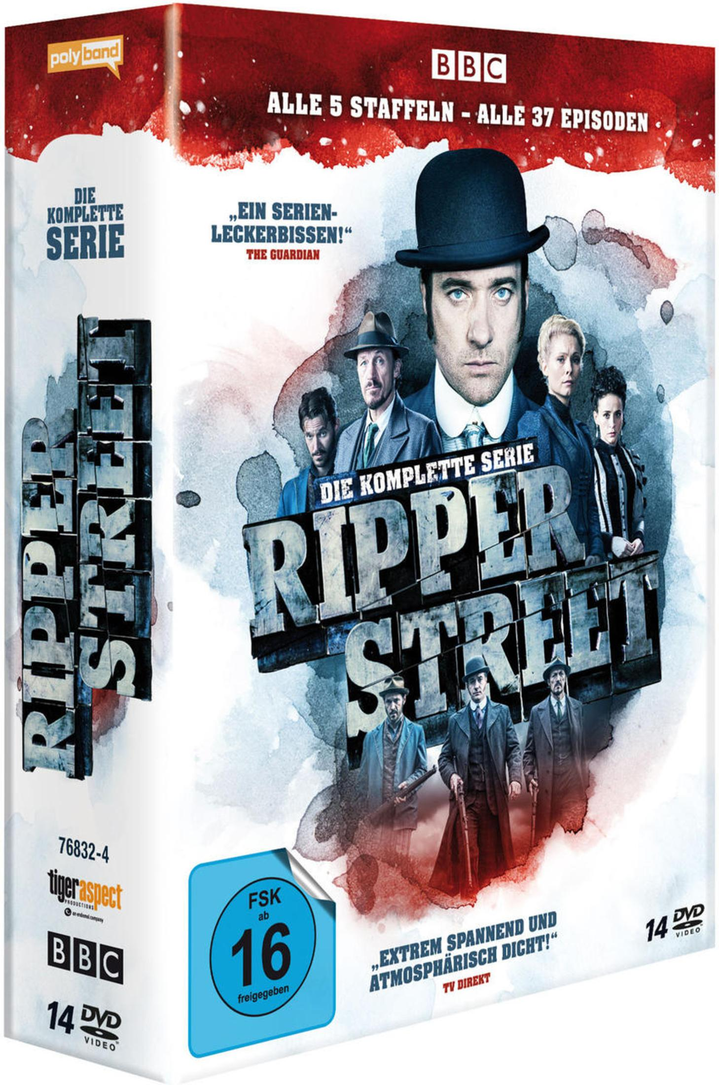 Ripper Street DVD-Box mit Charakteren in historischen Kostümen und dem Titel im Vordergrund.